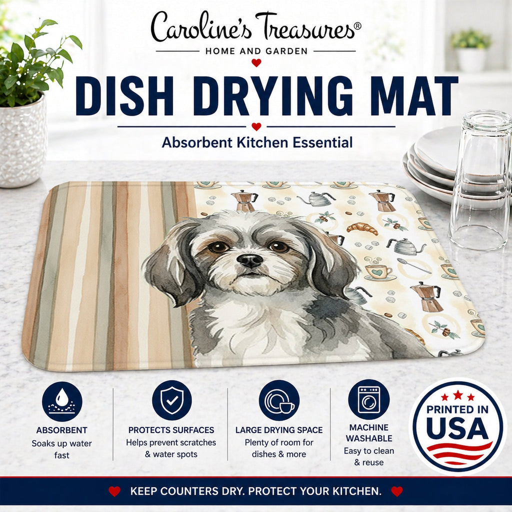 Grey and White Tibetan Spaniel Coffee Bar Dish Drying Mat Absorbent Dish Drying Mat Pad for Kitchen Counter Dish Drainer Mat for Countertop, 14 x 21", Multicolor