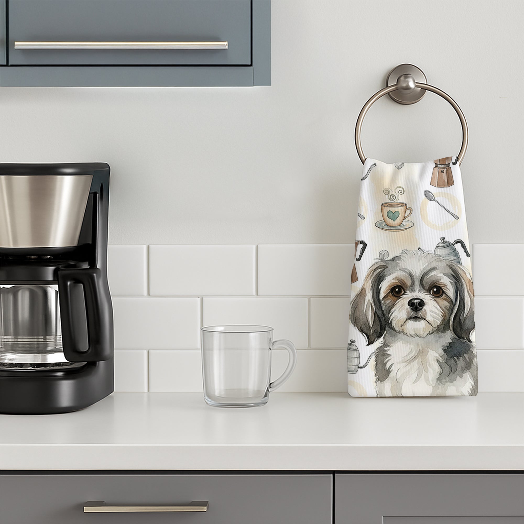 Grey and White Tibetan Spaniel Coffee Bar Kitchen Towel Velour Plush Front and Cotton Loop Back Machine Washable