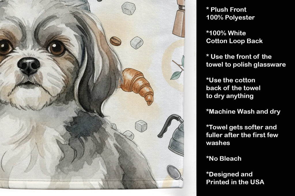 Grey and White Tibetan Spaniel Coffee Bar Kitchen Towel Velour Plush Front and Cotton Loop Back Machine Washable
