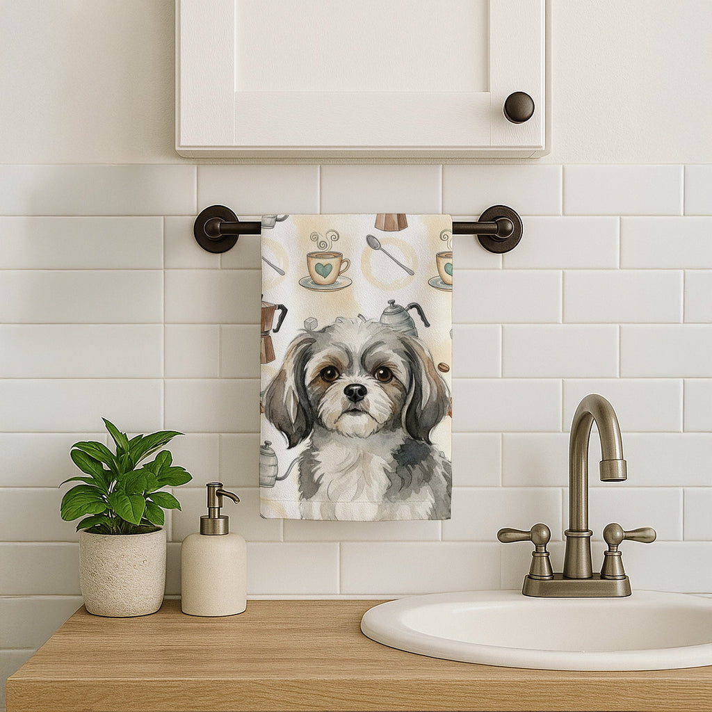 Grey and White Tibetan Spaniel Coffee Bar Kitchen Towel Velour Plush Front and Cotton Loop Back Machine Washable