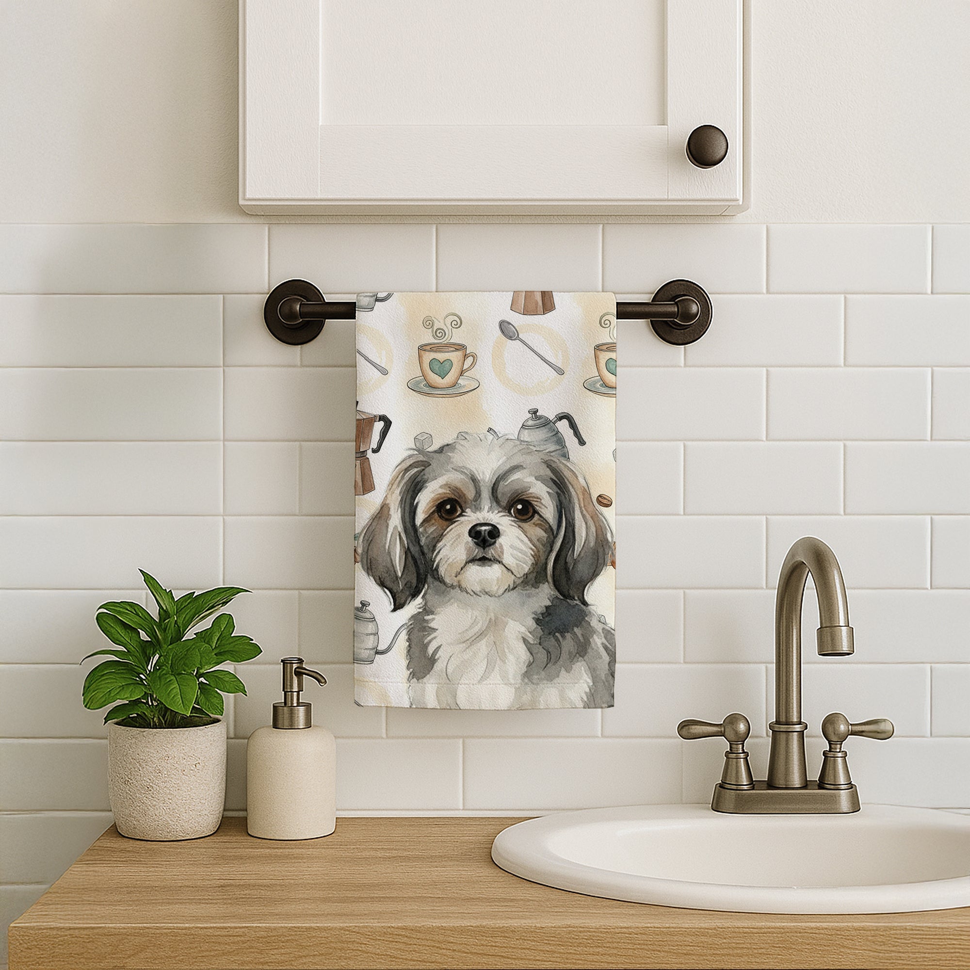 Grey and White Tibetan Spaniel Coffee Bar Kitchen Towel Velour Plush Front and Cotton Loop Back Machine Washable