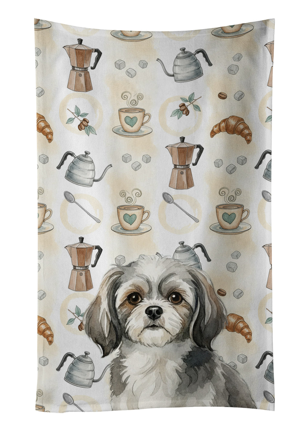 Grey and White Tibetan Spaniel Coffee Bar Kitchen Towel Velour Plush Front and Cotton Loop Back Machine Washable