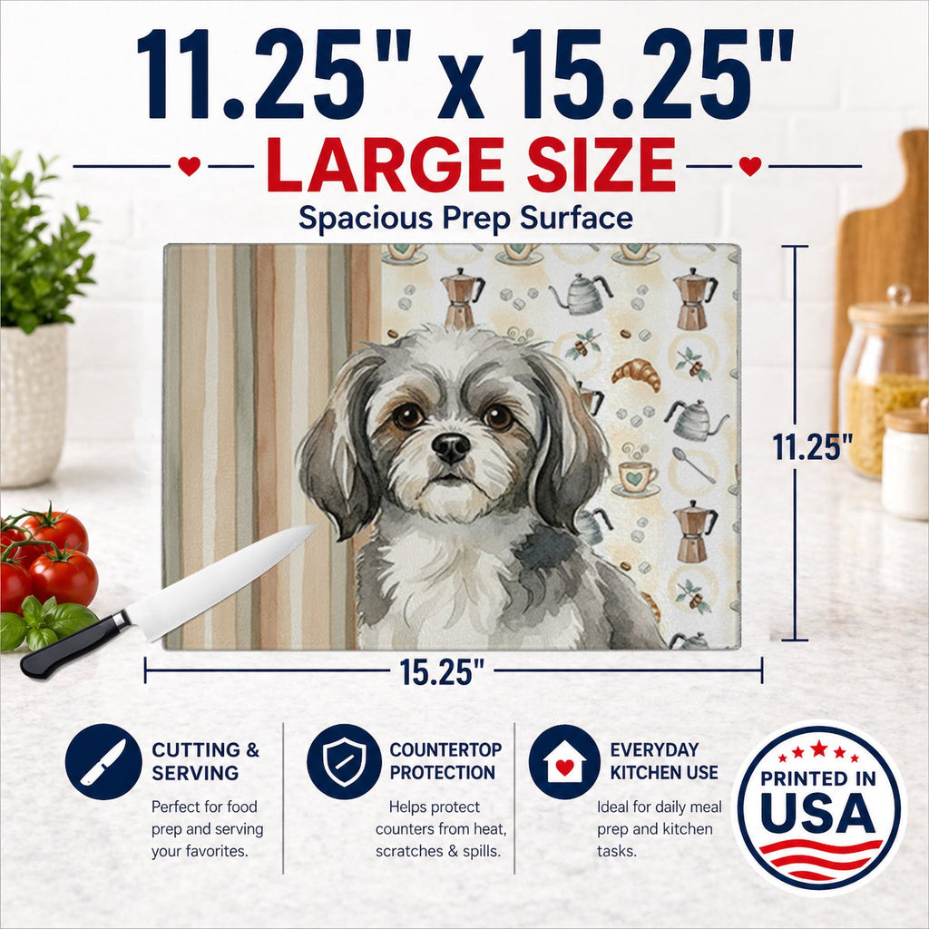 Grey and White Tibetan Spaniel Coffee Bar Cutting Board Tempered Glass Kitchen Cutting Surface, Heat Resistant Chopping, Non-Slip Feet, Food Prep & Serving