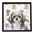 Grey and White Tibetan Spaniel Coffee Bar Framed Metal Print Bathroom, Kitchen, Office, Home Decor Wall Art Ready to Hang, Square, 8X8