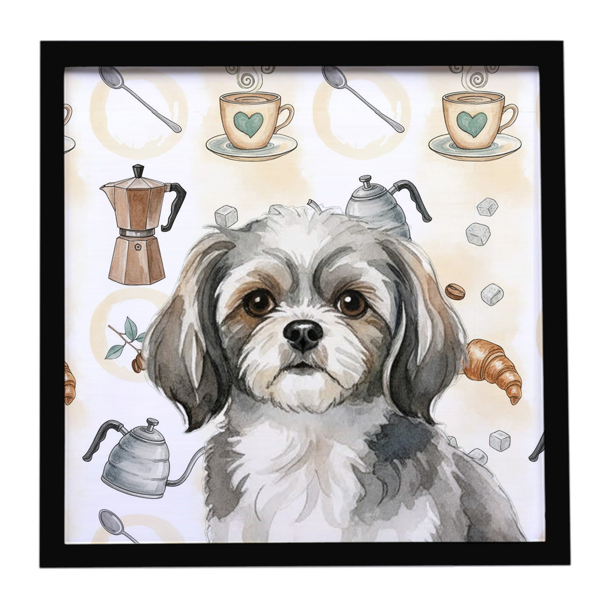 Grey and White Tibetan Spaniel Coffee Bar Framed Metal Print Bathroom, Kitchen, Office, Home Decor Wall Art Ready to Hang, Square, 8X8