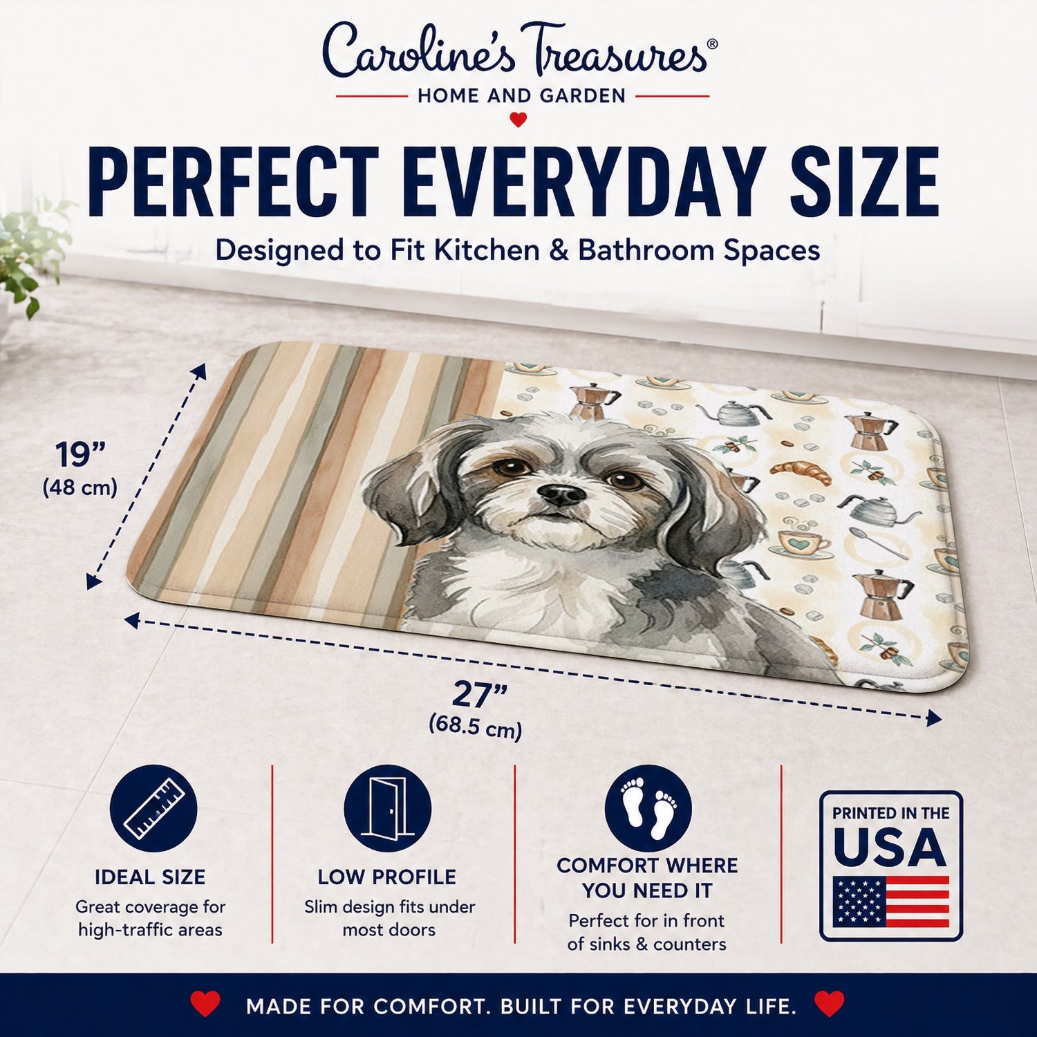 Grey and White Tibetan Spaniel Coffee Bar Memory Foam Kitchen Mat Machine Washable Anti-Fatigue Cushion Comfort Bath or Kitchen Rug