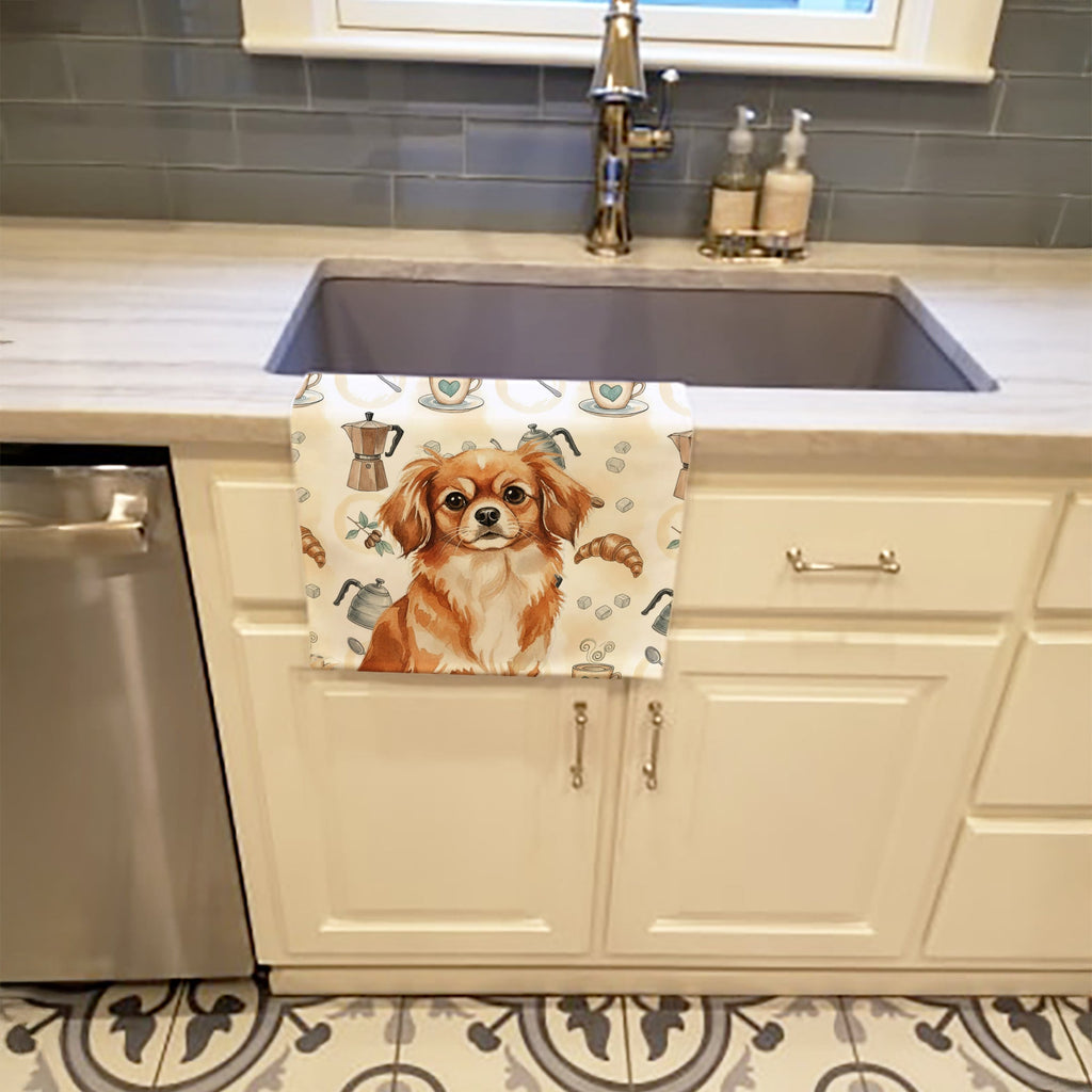 Red Tibetan Spaniel Coffee Bar Kitchen Towel Velour Plush Front and Cotton Loop Back Machine Washable