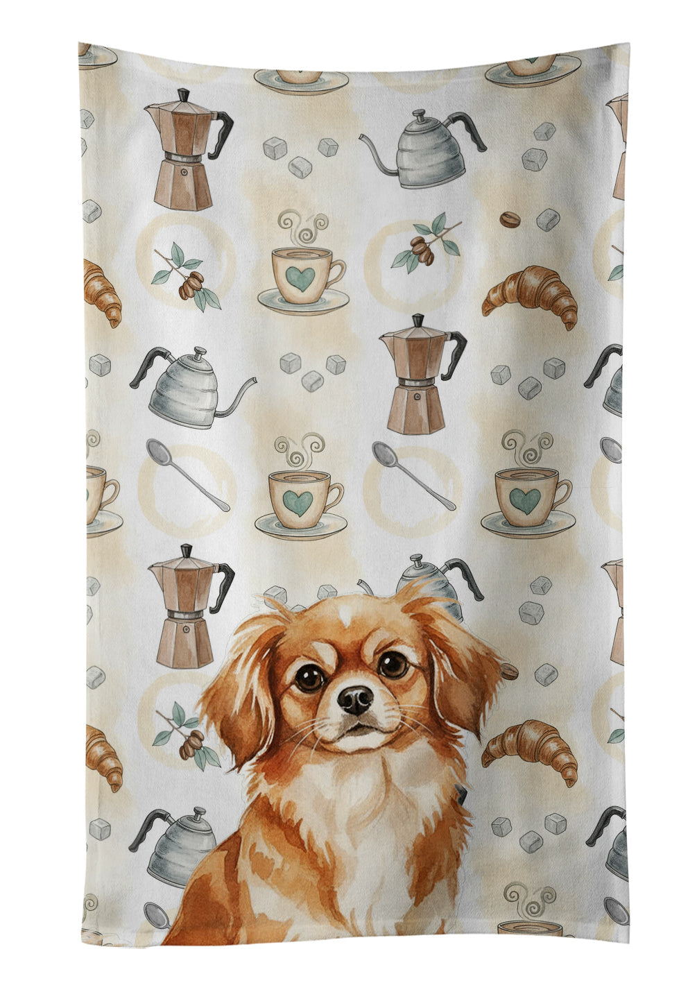 Red Tibetan Spaniel Coffee Bar Kitchen Towel Velour Plush Front and Cotton Loop Back Machine Washable