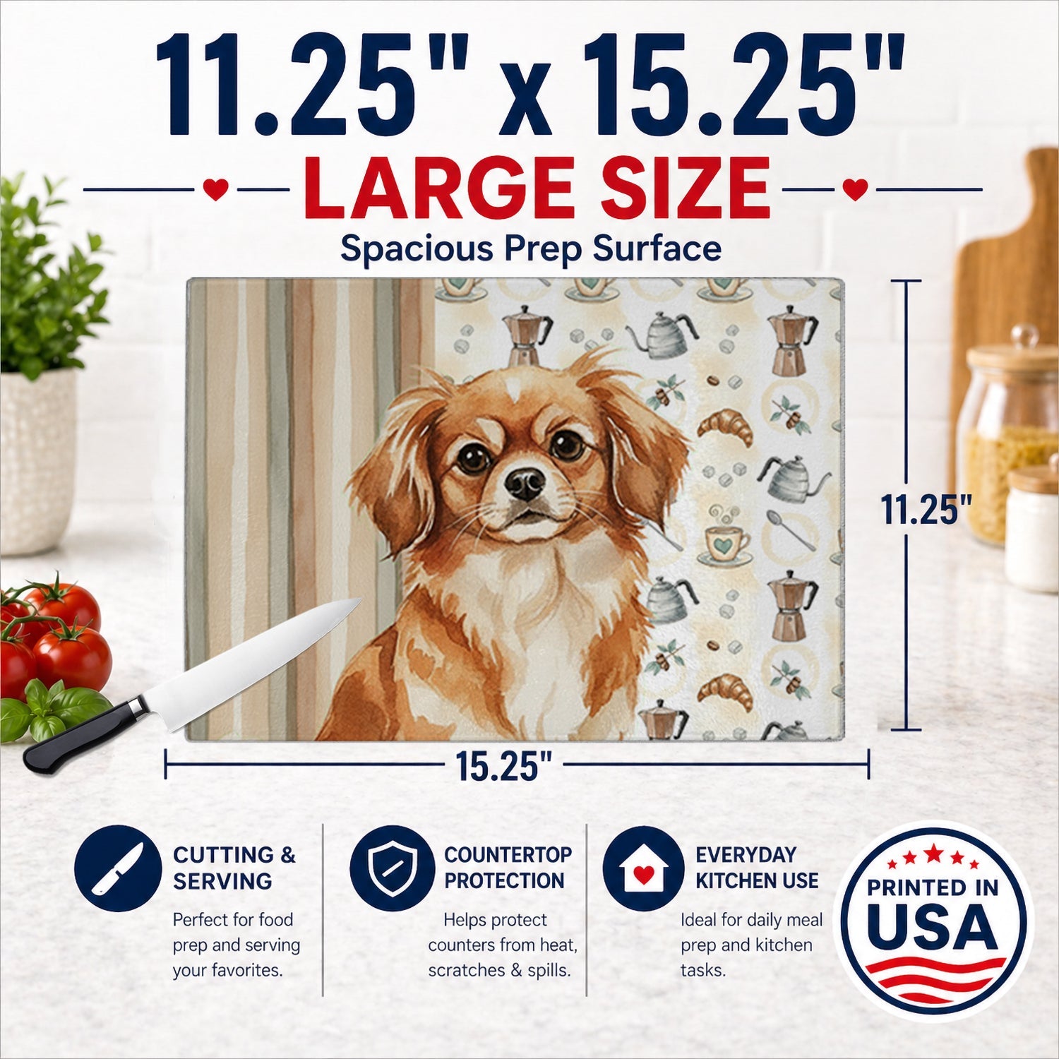 Red Tibetan Spaniel Coffee Bar Cutting Board Tempered Glass Kitchen Cutting Surface, Heat Resistant Chopping, Non-Slip Feet, Food Prep & Serving
