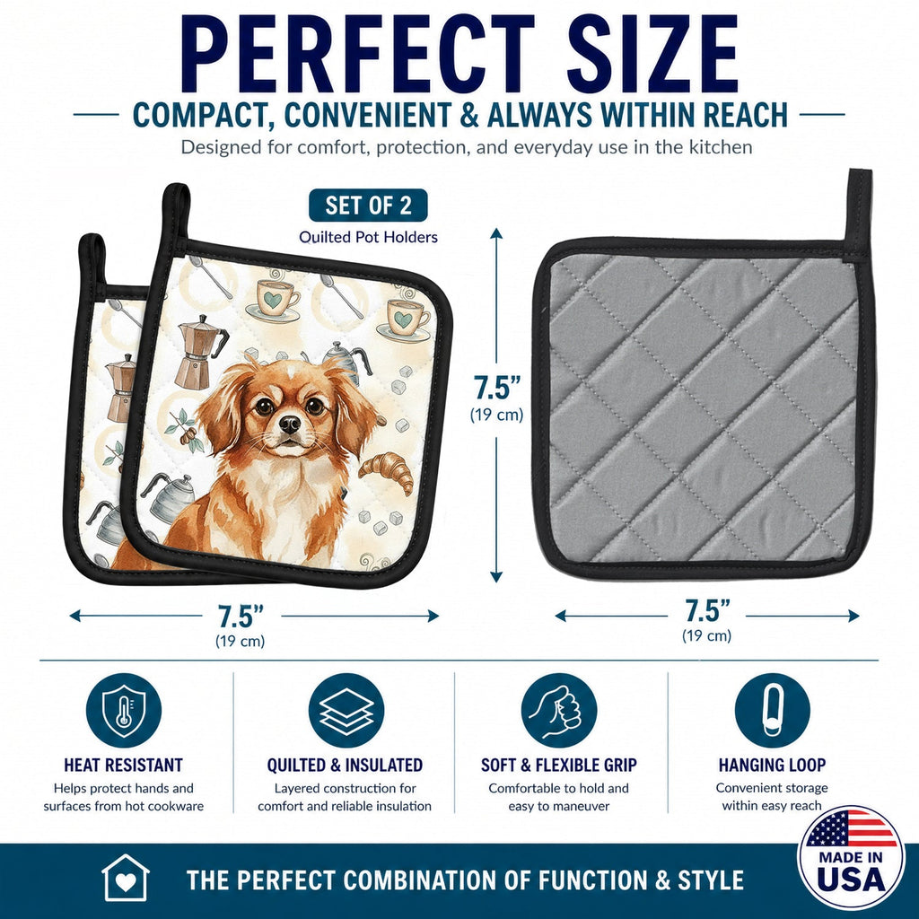 Red Tibetan Spaniel Coffee Bar Pot Holder Set of 2 Heat Resistant Quilted Hot Pads 7.5 x 7.5 Inch, Insulated Kitchen Trivets for Cooking & Baking