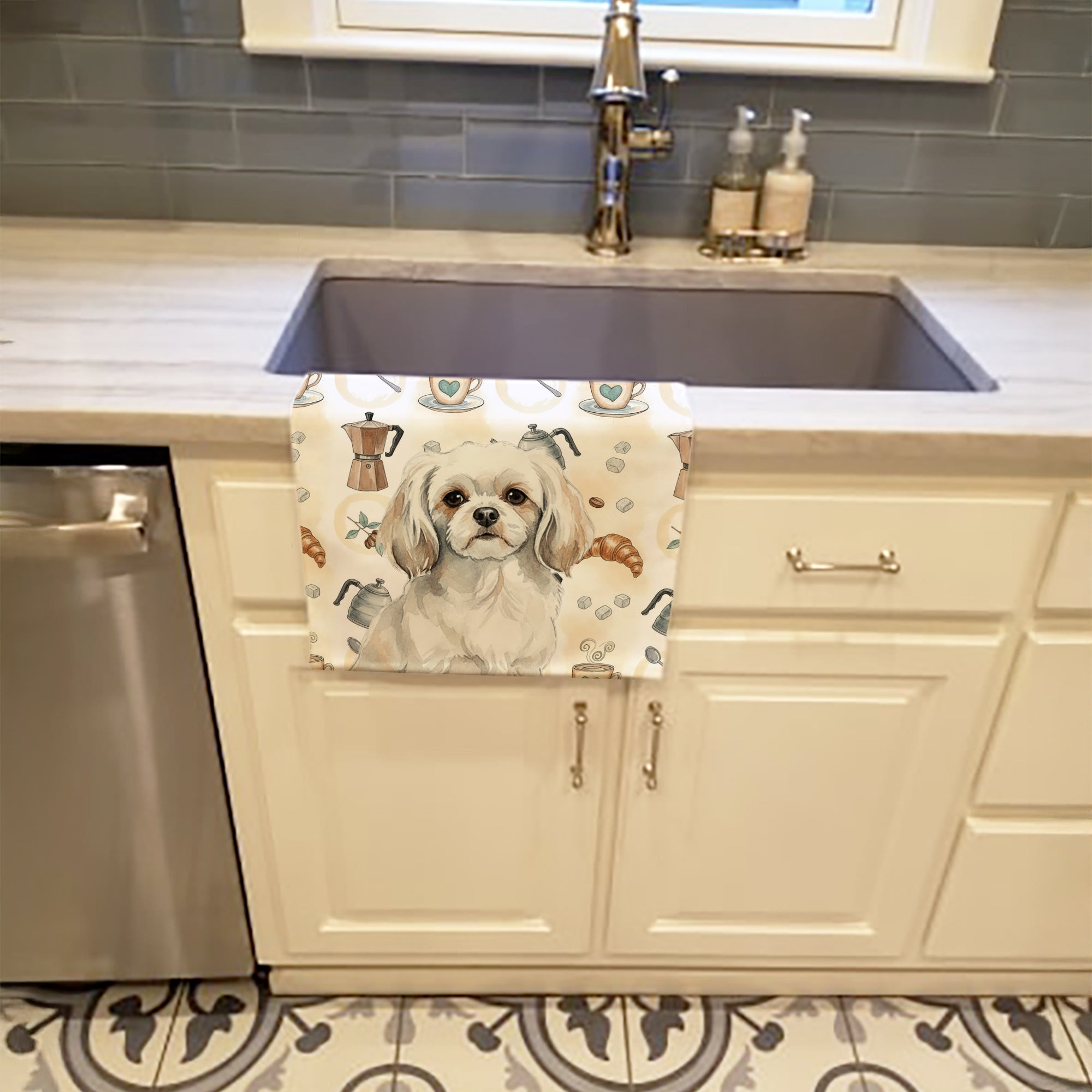 White Tibetan Spaniel Coffee Bar Kitchen Towel Velour Plush Front and Cotton Loop Back Machine Washable