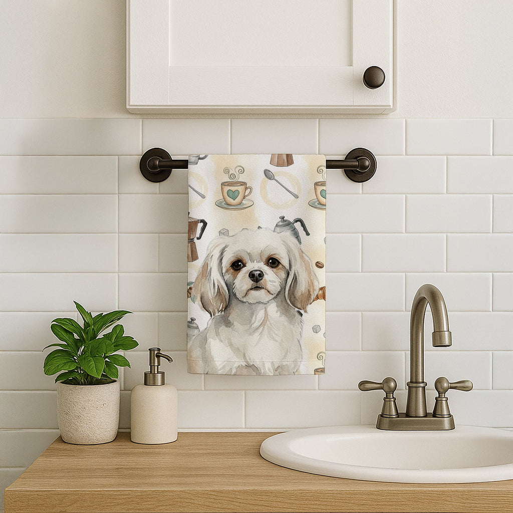 White Tibetan Spaniel Coffee Bar Kitchen Towel Velour Plush Front and Cotton Loop Back Machine Washable