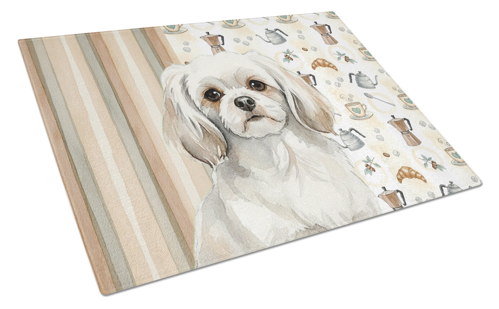 White Tibetan Spaniel Coffee Bar Cutting Board Tempered Glass Kitchen Cutting Surface, Heat Resistant Chopping, Non-Slip Feet, Food Prep & Serving