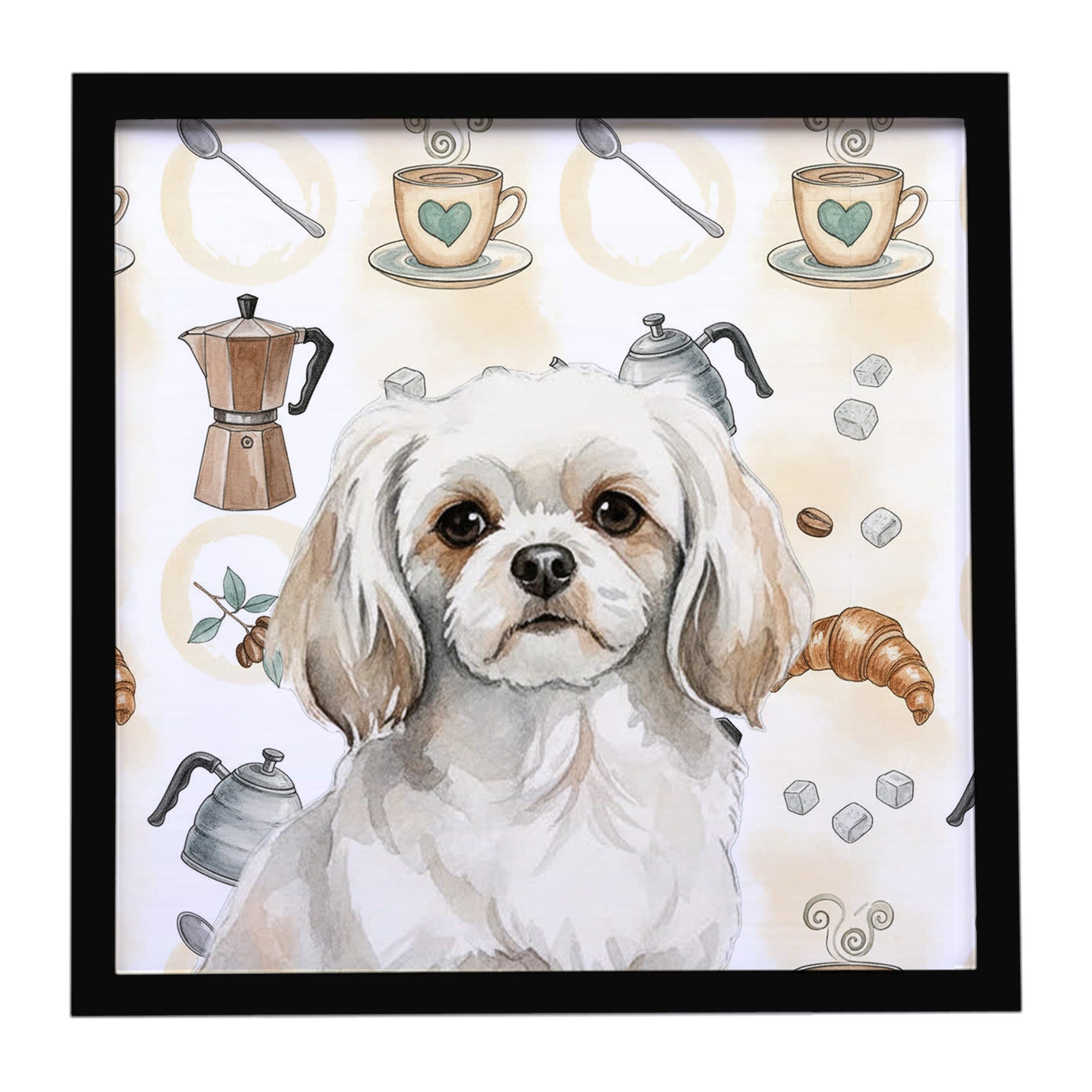 White Tibetan Spaniel Coffee Bar Framed Metal Print Bathroom, Kitchen, Office, Home Decor Wall Art Ready to Hang, Square, 8X8
