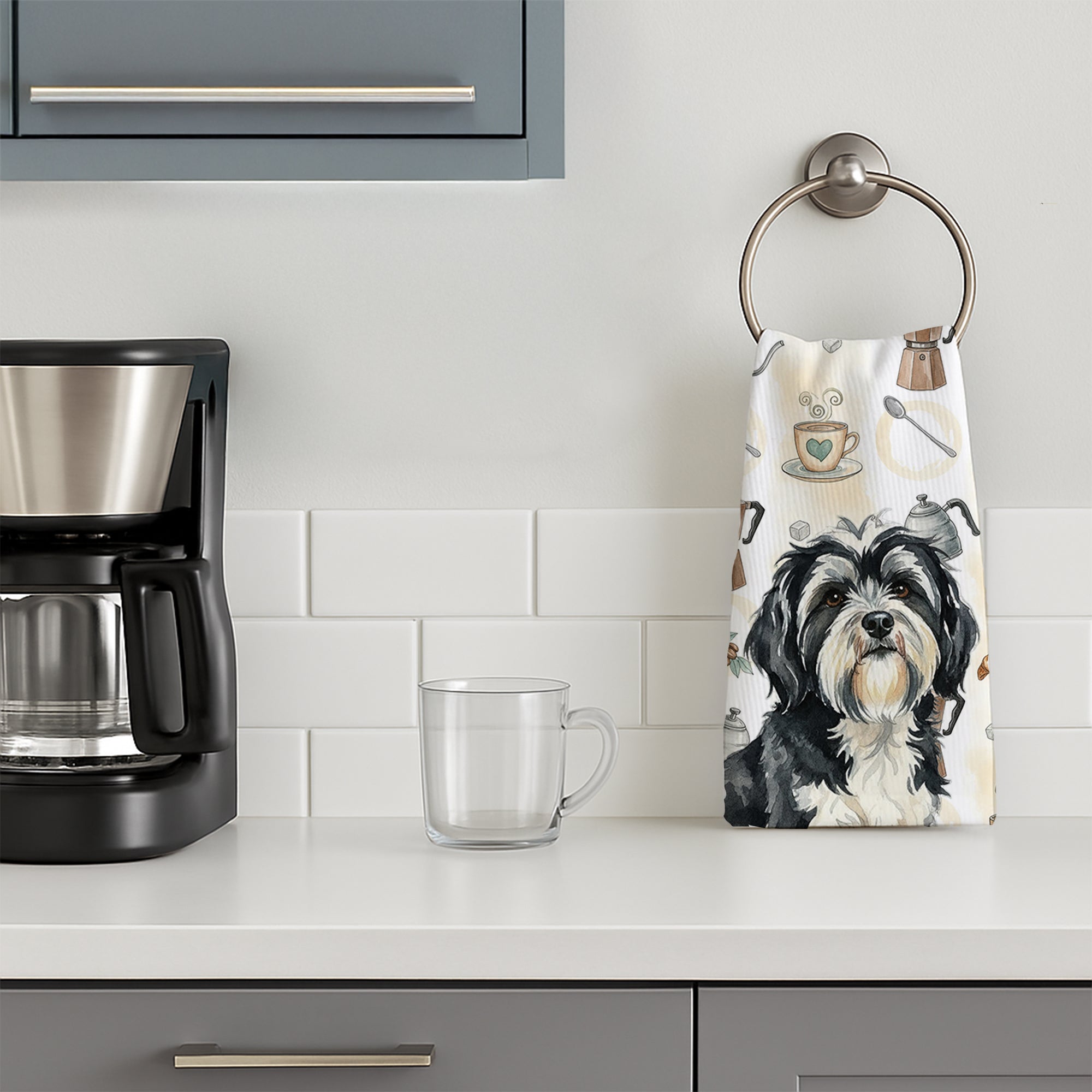 Black and White Tibetan Terrier Coffee Bar Kitchen Towel Velour Plush Front and Cotton Loop Back Machine Washable