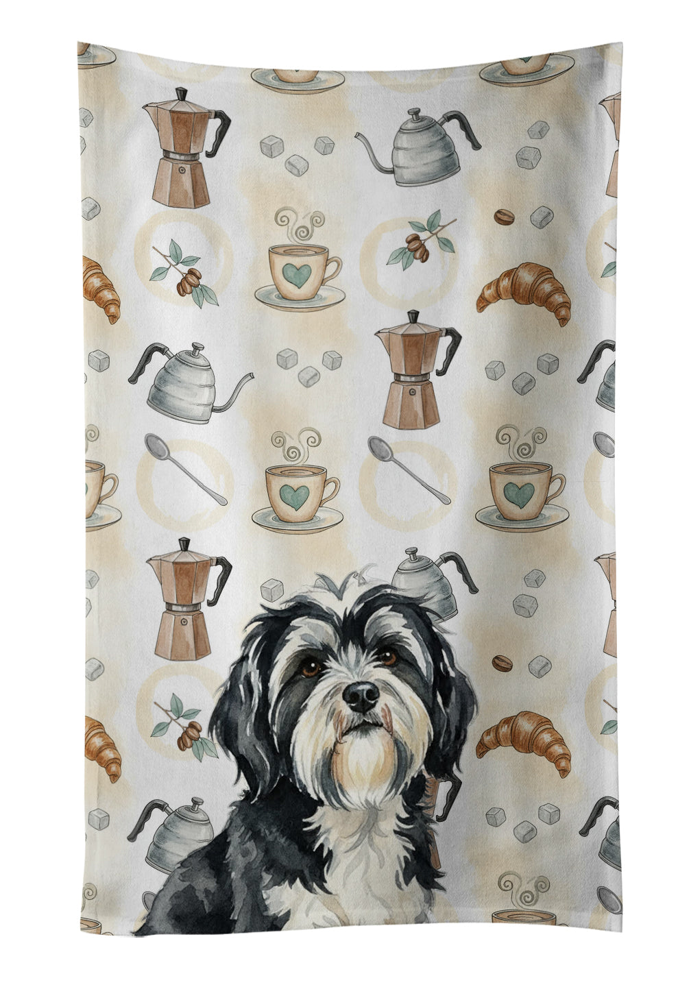 Black and White Tibetan Terrier Coffee Bar Kitchen Towel Velour Plush Front and Cotton Loop Back Machine Washable