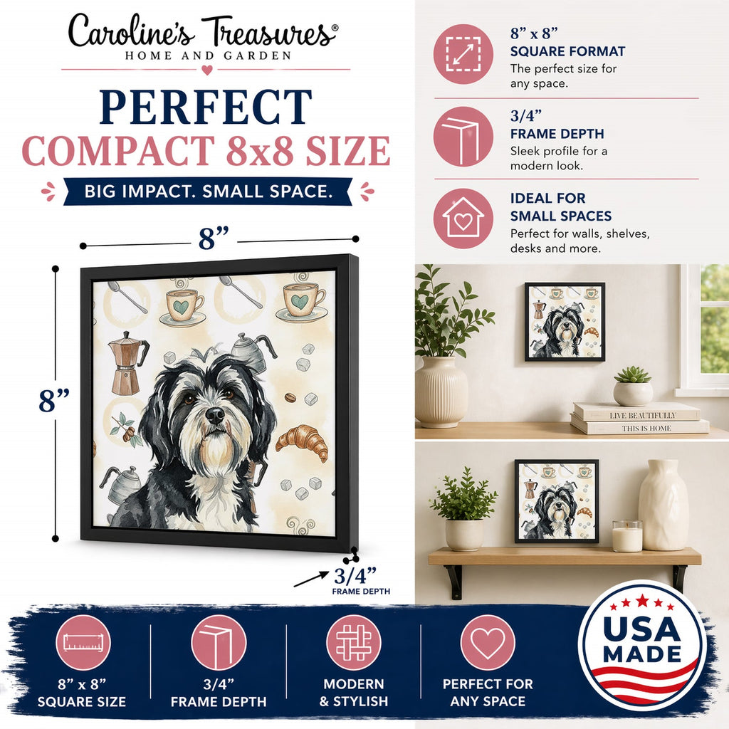 Black and White Tibetan Terrier Coffee Bar Framed Metal Print Bathroom, Kitchen, Office, Home Decor Wall Art Ready to Hang, Square, 8X8