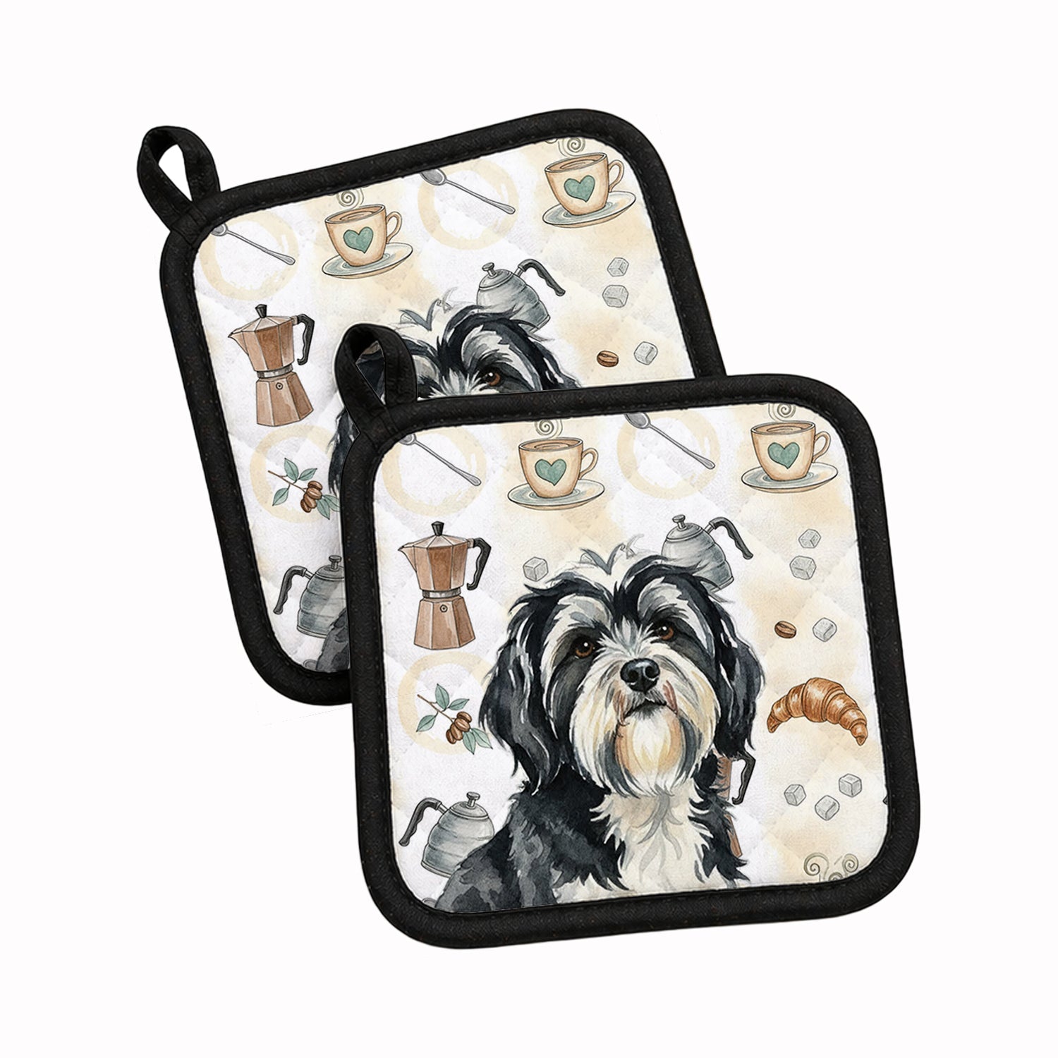 Black and White Tibetan Terrier Coffee Bar Pot Holder Set of 2 Heat Resistant Quilted Hot Pads 7.5 x 7.5 Inch, Insulated Kitchen Trivets for Cooking & Baking