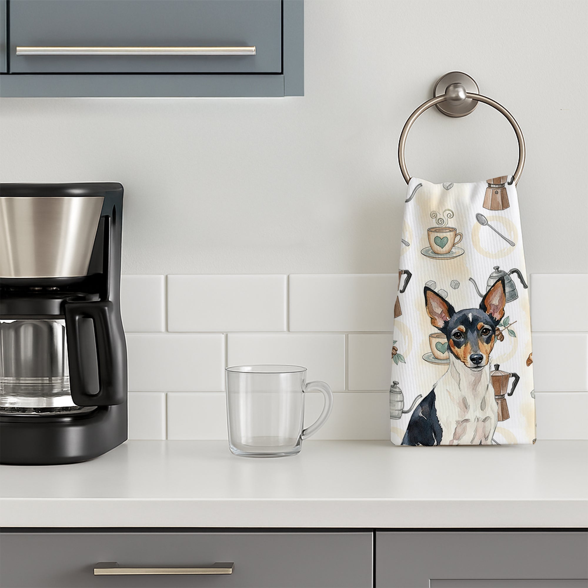 Toy Fox Terrier Coffee Bar Kitchen Towel Velour Plush Front and Cotton Loop Back Machine Washable