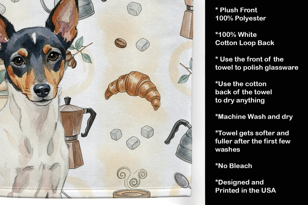 Toy Fox Terrier Coffee Bar Kitchen Towel Velour Plush Front and Cotton Loop Back Machine Washable