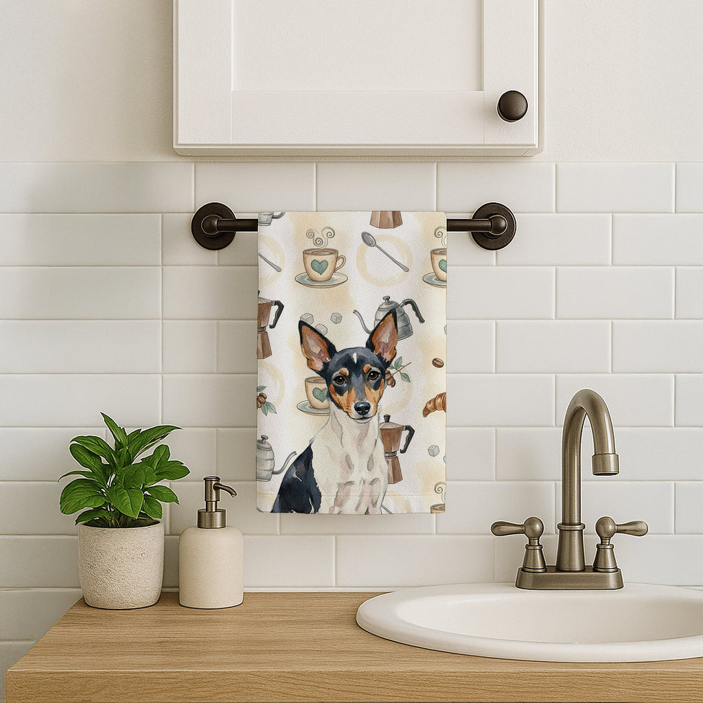Toy Fox Terrier Coffee Bar Kitchen Towel Velour Plush Front and Cotton Loop Back Machine Washable