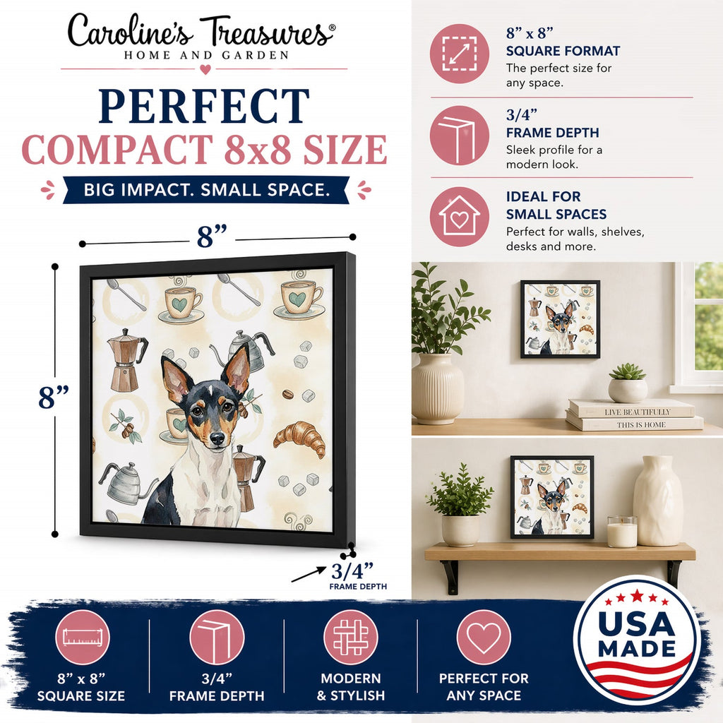 Toy Fox Terrier Coffee Bar Framed Metal Print Bathroom, Kitchen, Office, Home Decor Wall Art Ready to Hang, Square, 8X8