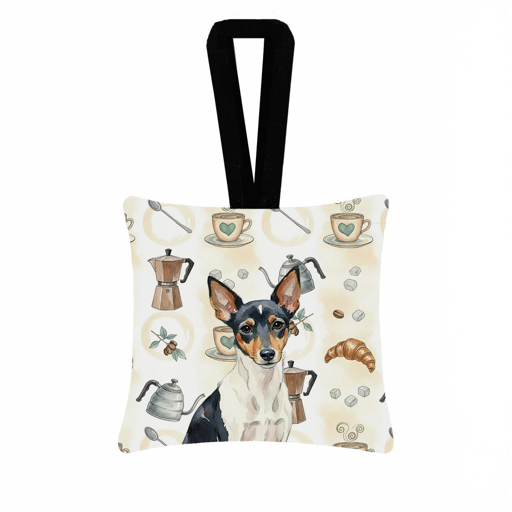 Toy Fox Terrier Coffee Bar Hanging Square Fabric Ornament 3.5 � 3.5 Decorative Door-Knob & Tree Hanger, Soft Fabric
