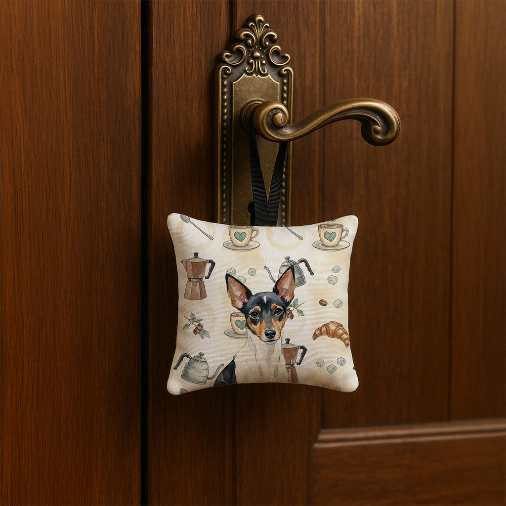 Toy Fox Terrier Coffee Bar Hanging Square Fabric Ornament 3.5 � 3.5 Decorative Door-Knob & Tree Hanger, Soft Fabric