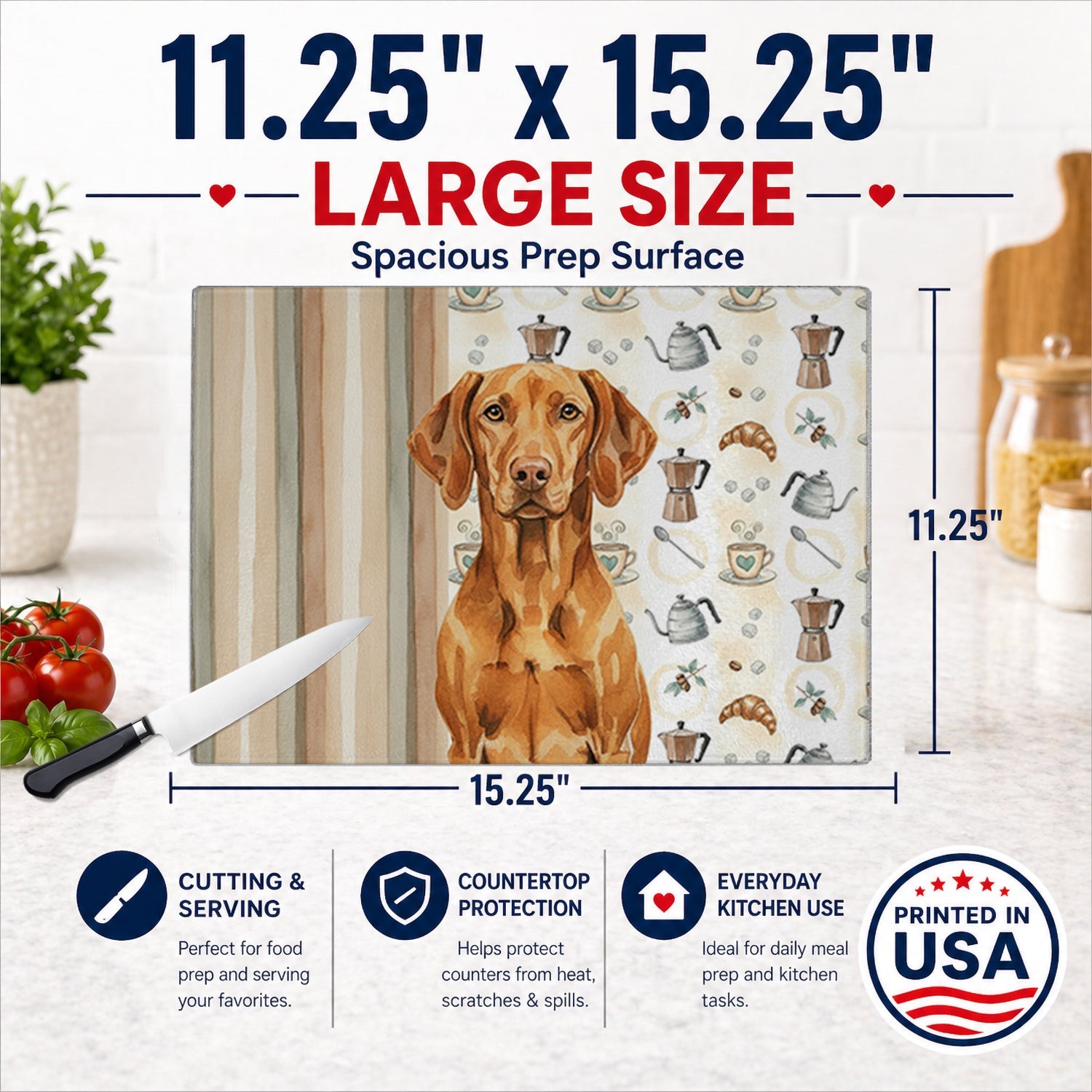 Vizsla Coffee Bar Cutting Board Tempered Glass Kitchen Cutting Surface, Heat Resistant Chopping, Non-Slip Feet, Food Prep & Serving