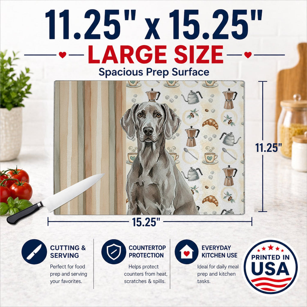 Weimaraner Coffee Bar Cutting Board Tempered Glass Kitchen Cutting Surface, Heat Resistant Chopping, Non-Slip Feet, Food Prep & Serving