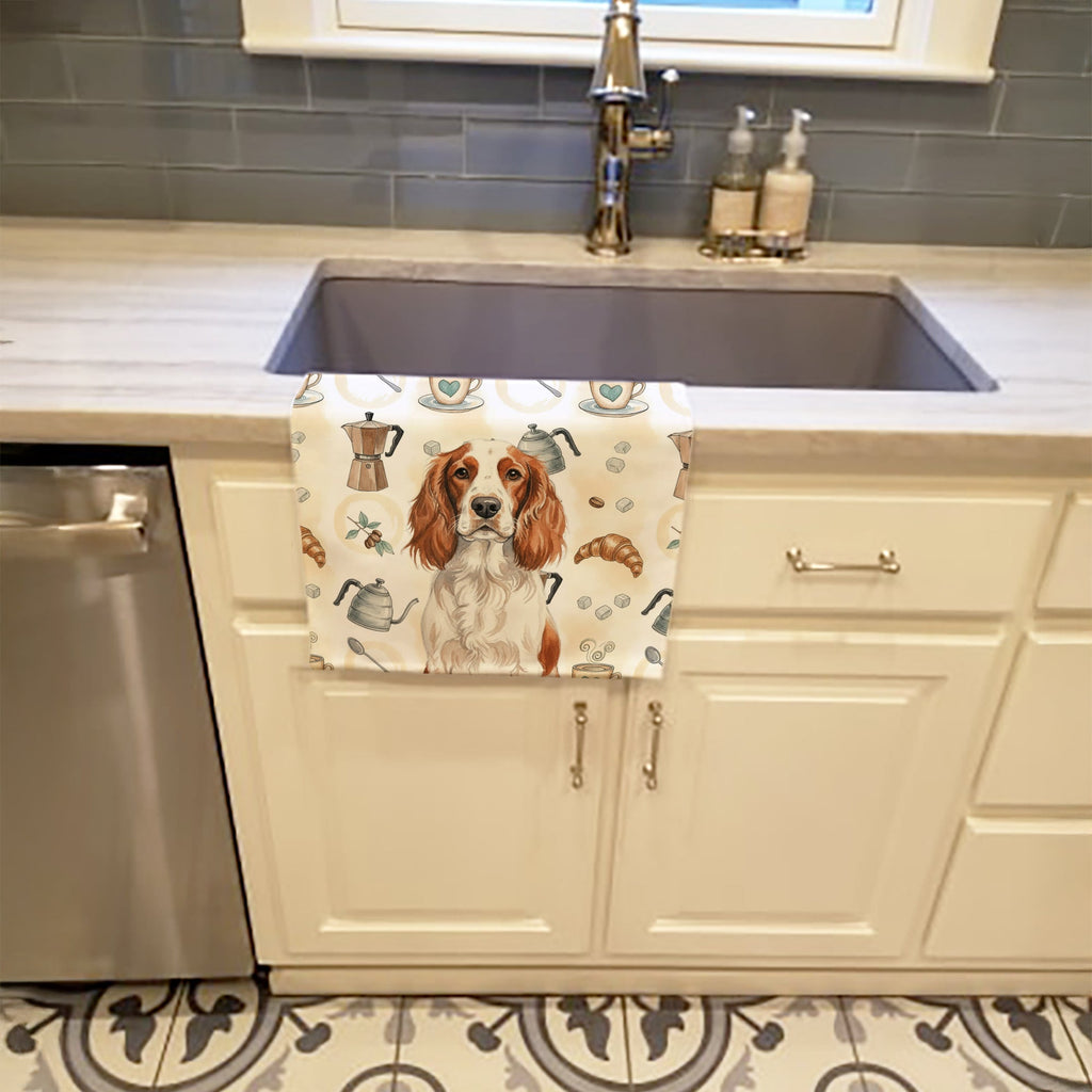 Welsh Springer Spaniel Coffee Bar Kitchen Towel Velour Plush Front and Cotton Loop Back Machine Washable