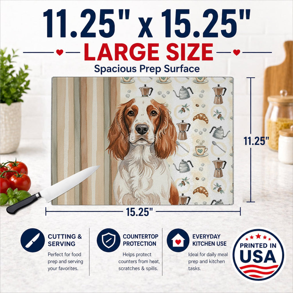 Welsh Springer Spaniel Coffee Bar Cutting Board Tempered Glass Kitchen Cutting Surface, Heat Resistant Chopping, Non-Slip Feet, Food Prep & Serving