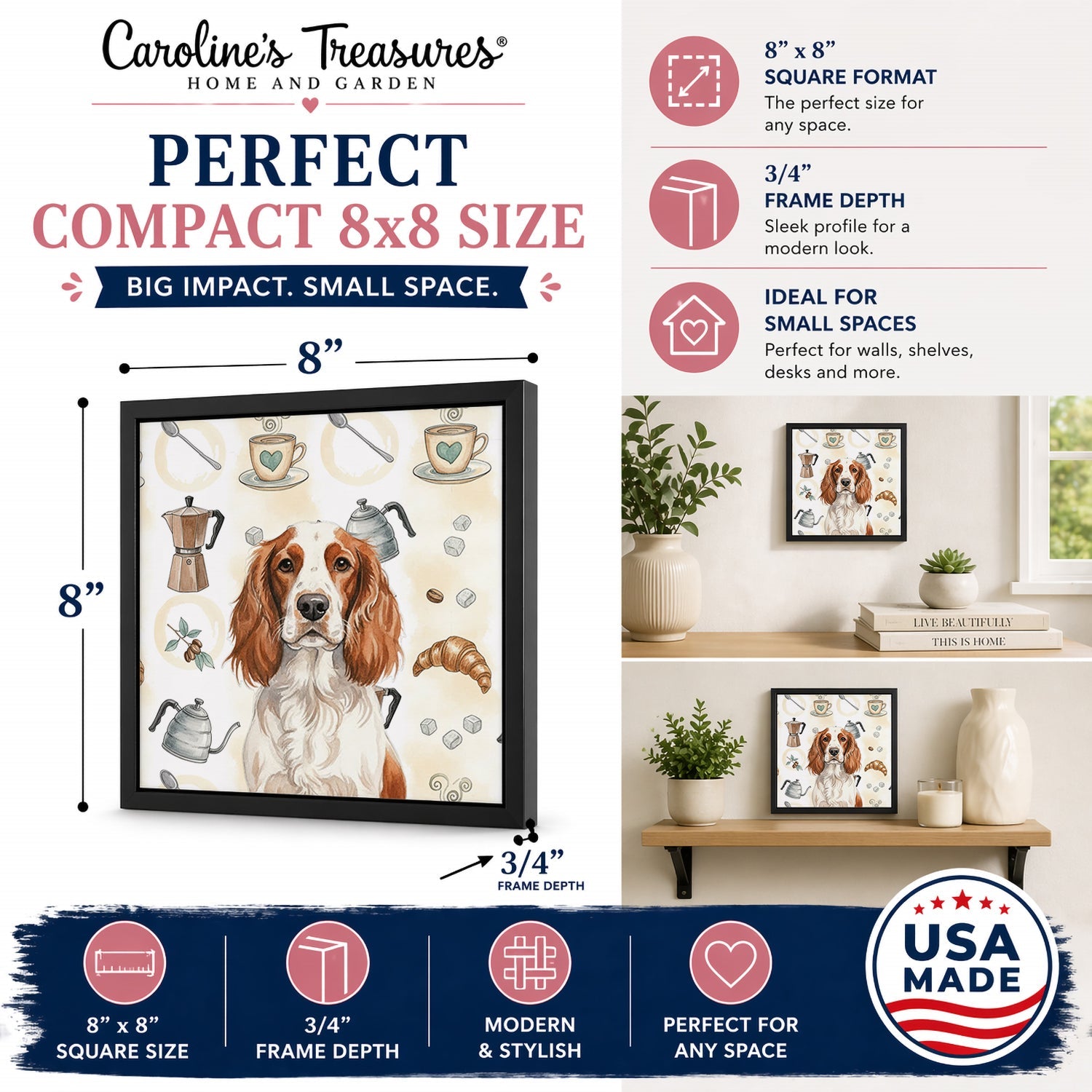 Welsh Springer Spaniel Coffee Bar Framed Metal Print Bathroom, Kitchen, Office, Home Decor Wall Art Ready to Hang, Square, 8X8