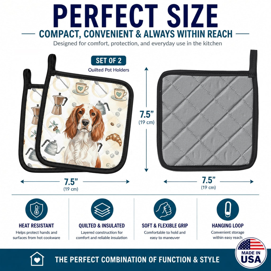 Welsh Springer Spaniel Coffee Bar Pot Holder Set of 2 Heat Resistant Quilted Hot Pads 7.5 x 7.5 Inch, Insulated Kitchen Trivets for Cooking & Baking