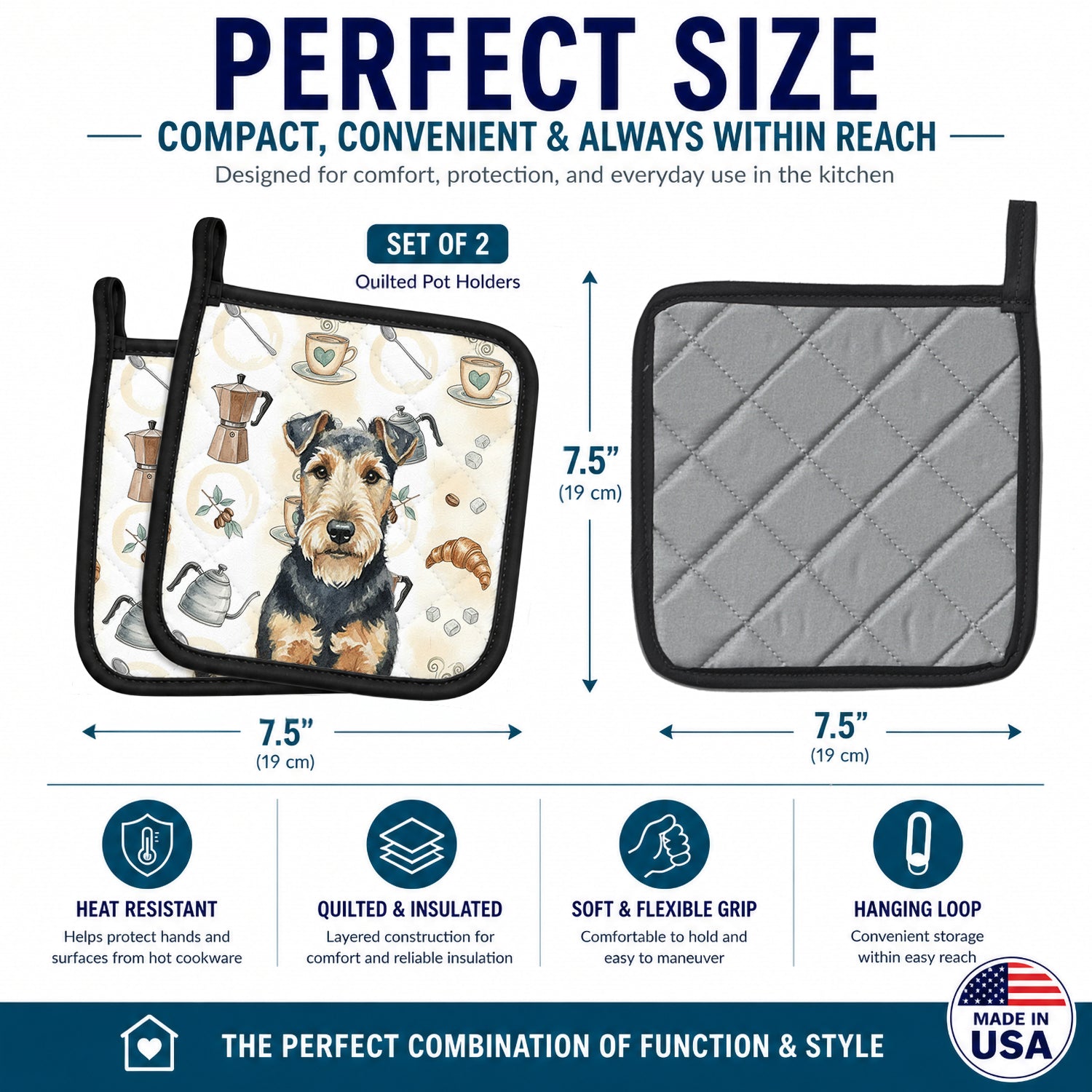 Welsh Terrier Coffee Bar Pot Holder Set of 2 Heat Resistant Quilted Hot Pads 7.5 x 7.5 Inch, Insulated Kitchen Trivets for Cooking & Baking