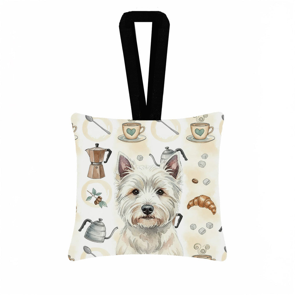 Westie Coffee Bar Hanging Square Fabric Ornament 3.5 � 3.5 Decorative Door-Knob & Tree Hanger, Soft Fabric