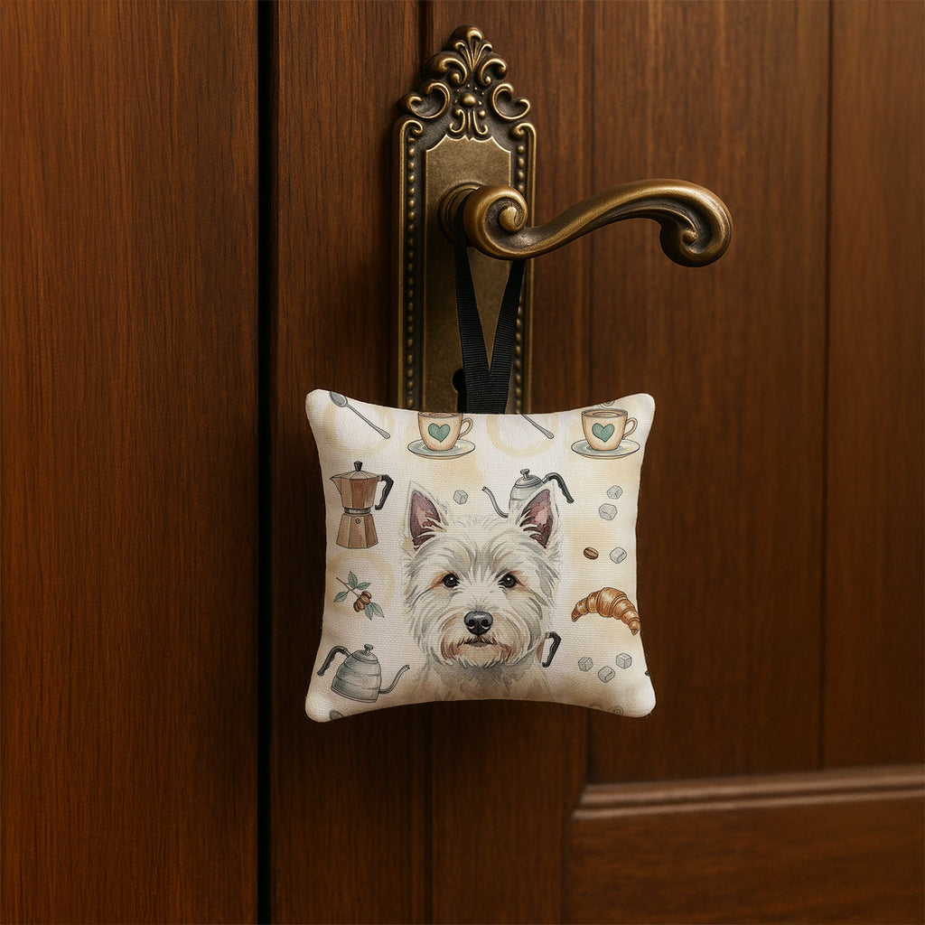 Westie Coffee Bar Hanging Square Fabric Ornament 3.5 � 3.5 Decorative Door-Knob & Tree Hanger, Soft Fabric