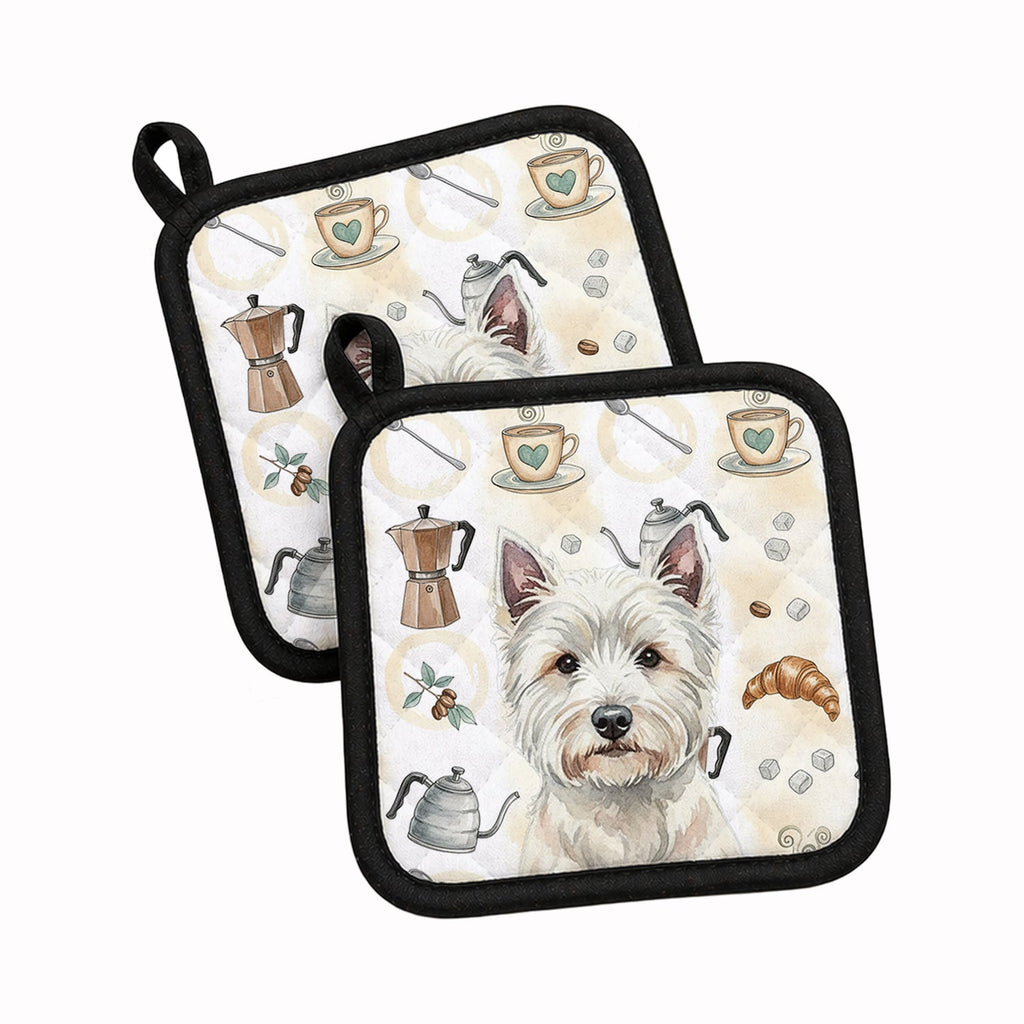 Westie Coffee Bar Pot Holder Set of 2 Heat Resistant Quilted Hot Pads 7.5 x 7.5 Inch, Insulated Kitchen Trivets for Cooking & Baking