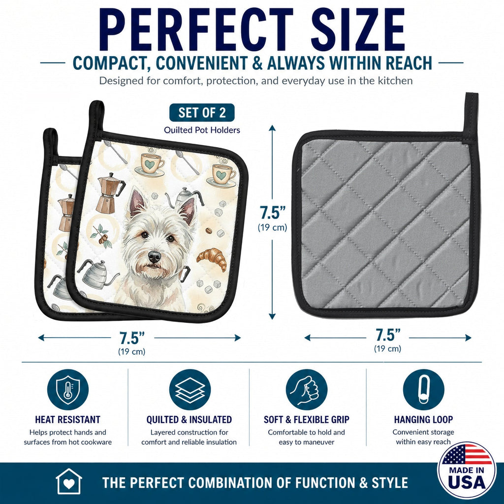 Westie Coffee Bar Pot Holder Set of 2 Heat Resistant Quilted Hot Pads 7.5 x 7.5 Inch, Insulated Kitchen Trivets for Cooking & Baking