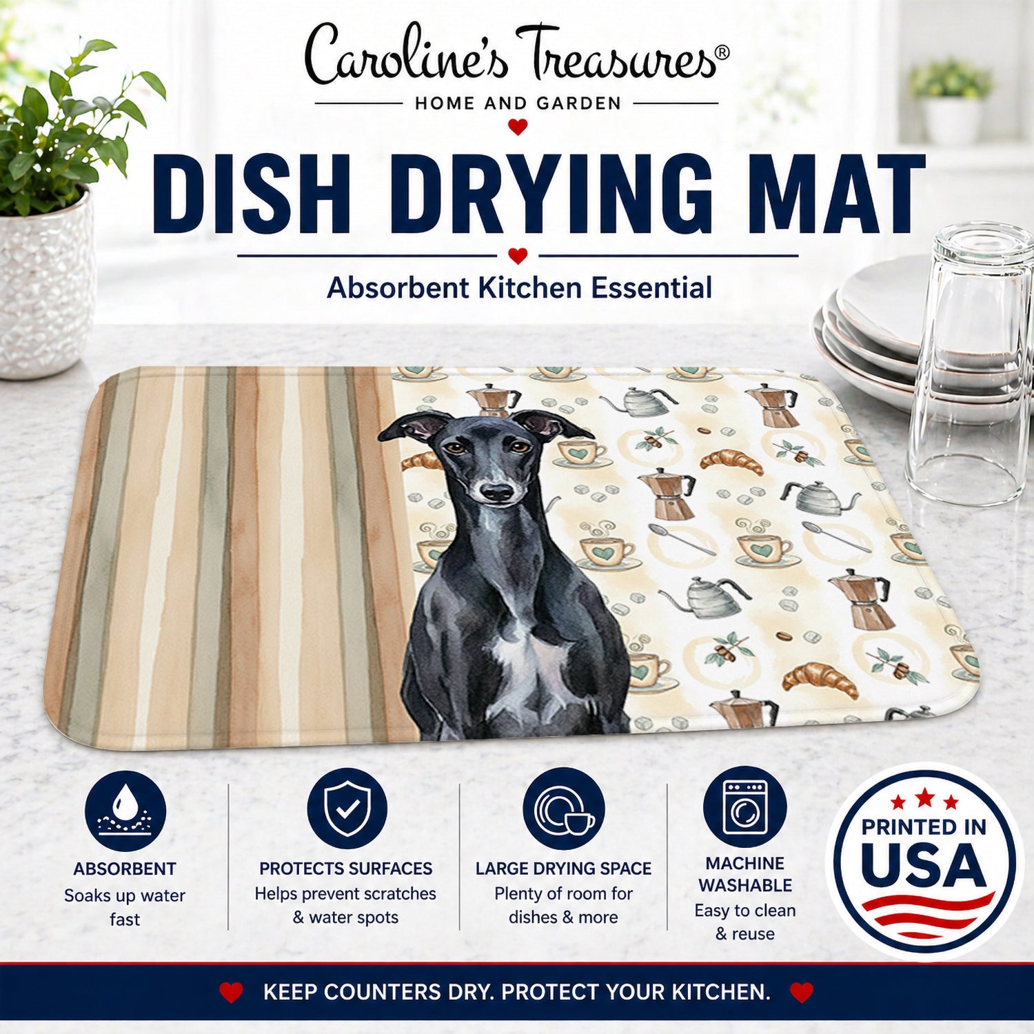 Black Whippet Coffee Bar Dish Drying Mat Absorbent Dish Drying Mat Pad for Kitchen Counter Dish Drainer Mat for Countertop, 14 x 21", Multicolor