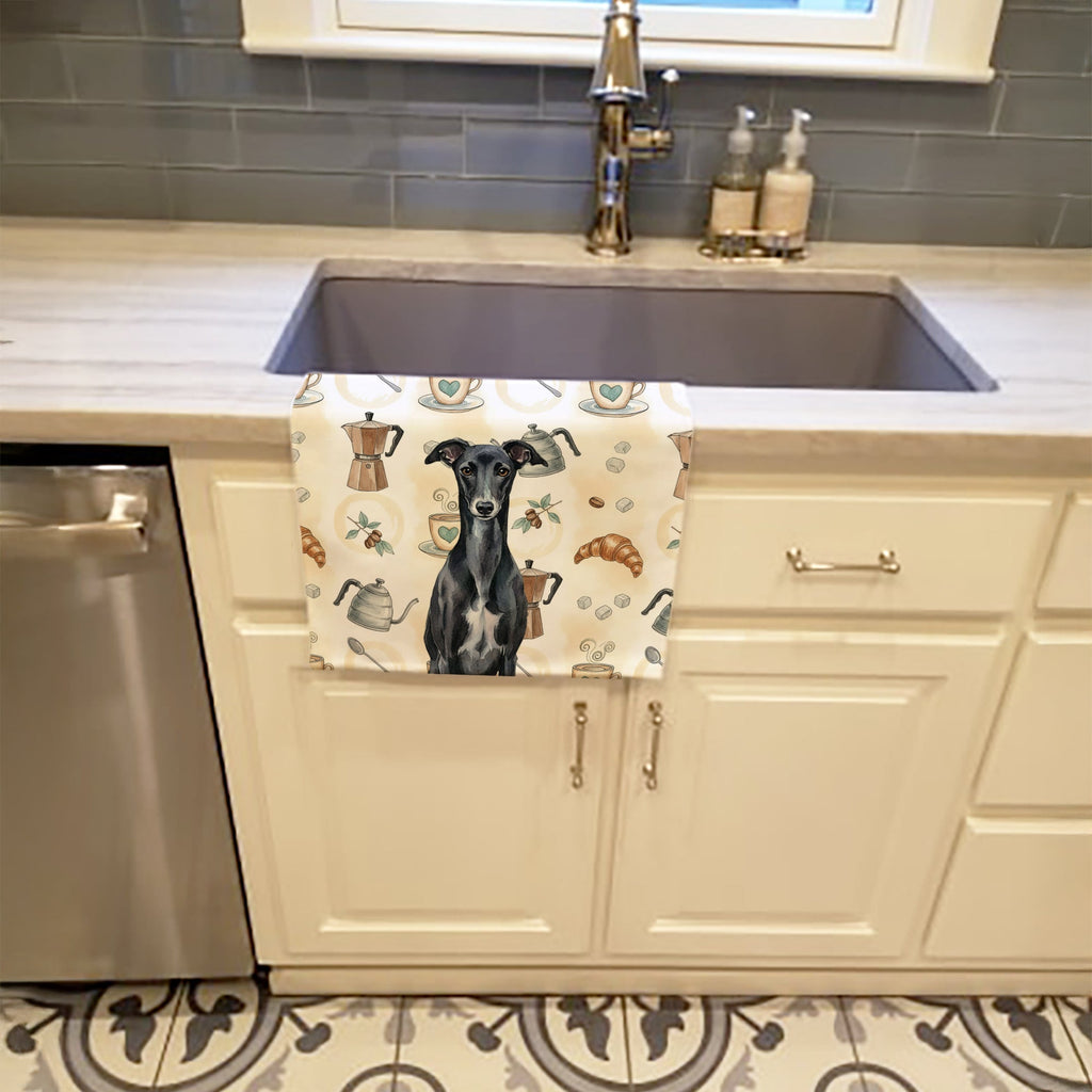 Black Whippet Coffee Bar Kitchen Towel Velour Plush Front and Cotton Loop Back Machine Washable