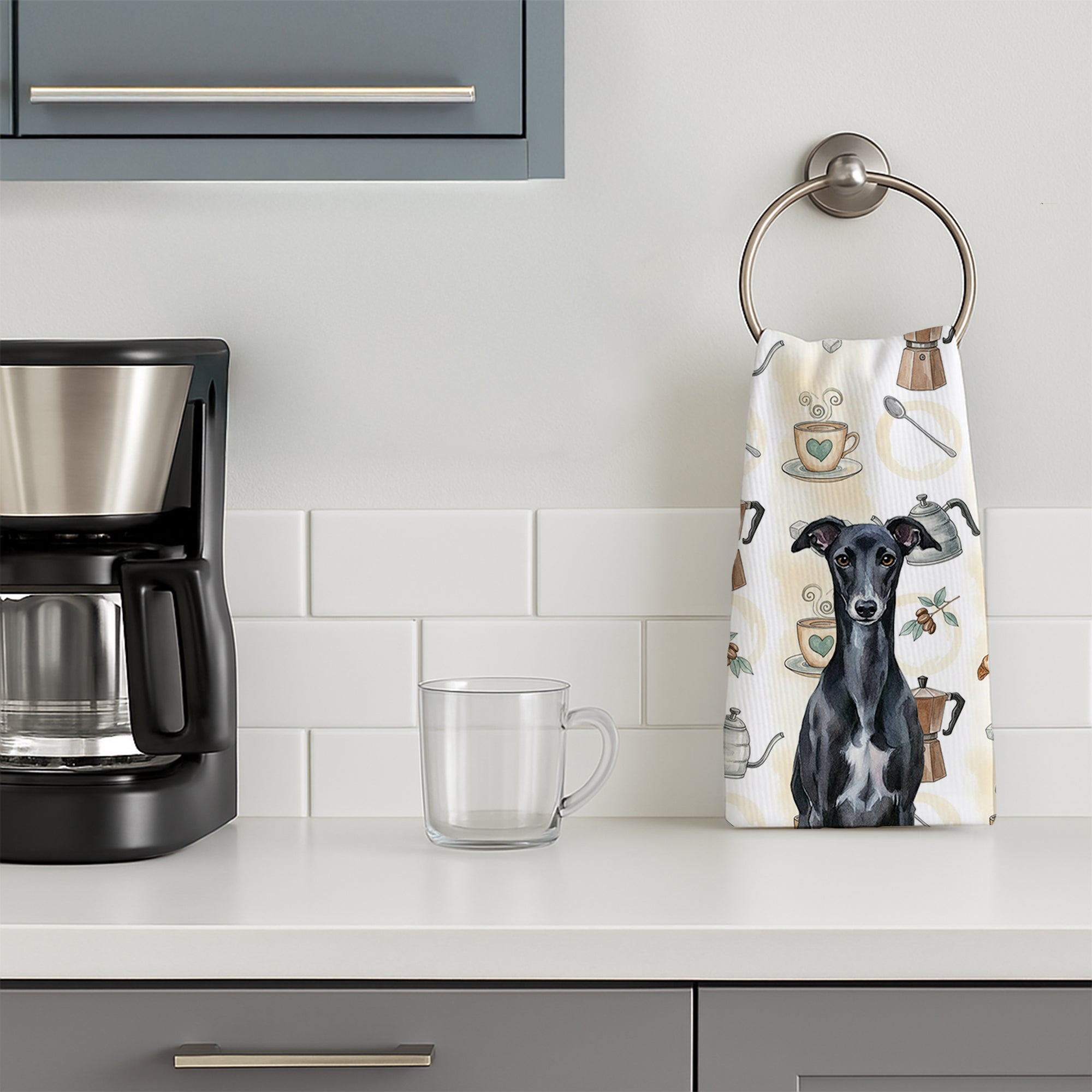 Black Whippet Coffee Bar Kitchen Towel Velour Plush Front and Cotton Loop Back Machine Washable