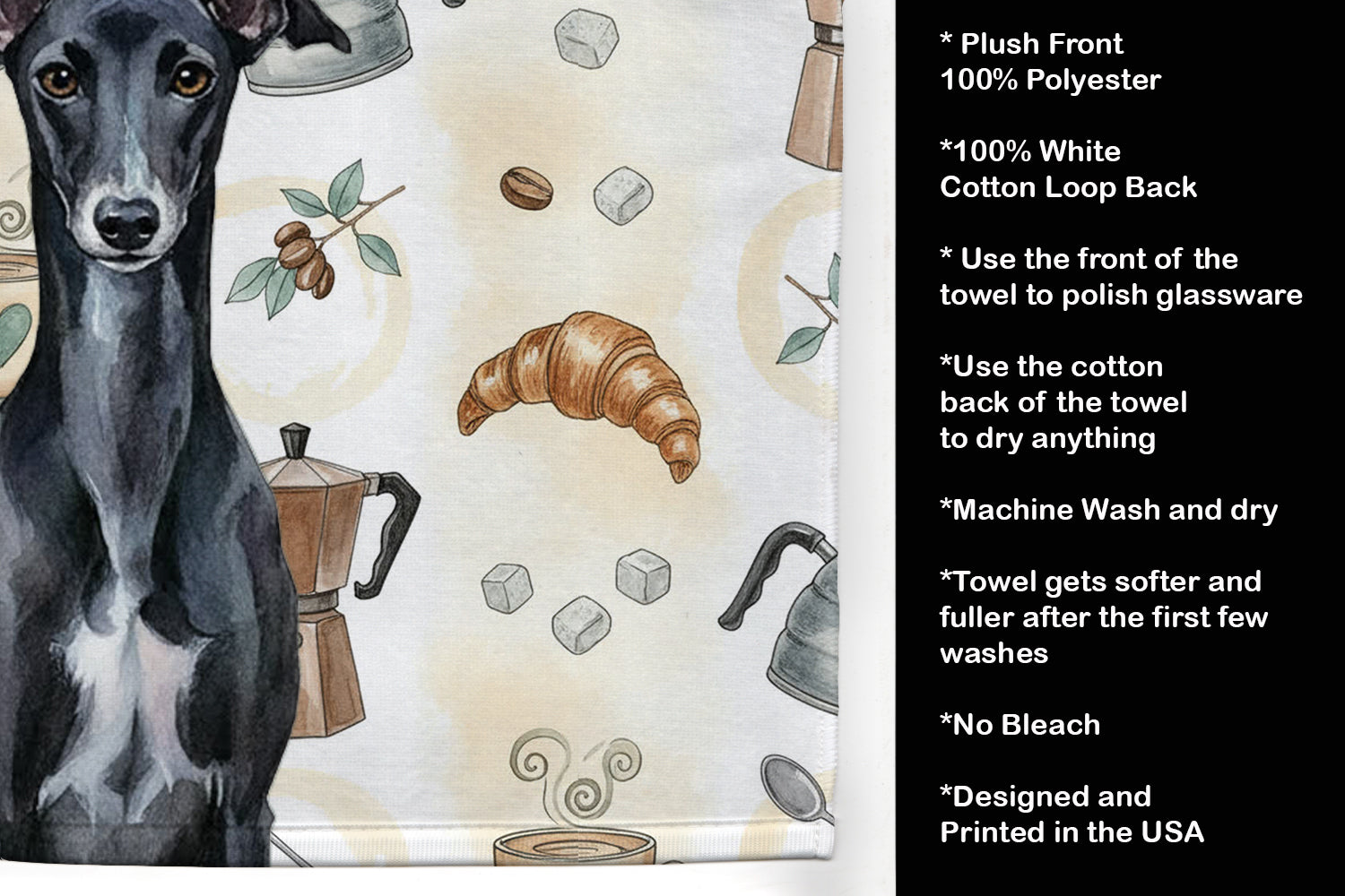Black Whippet Coffee Bar Kitchen Towel Velour Plush Front and Cotton Loop Back Machine Washable
