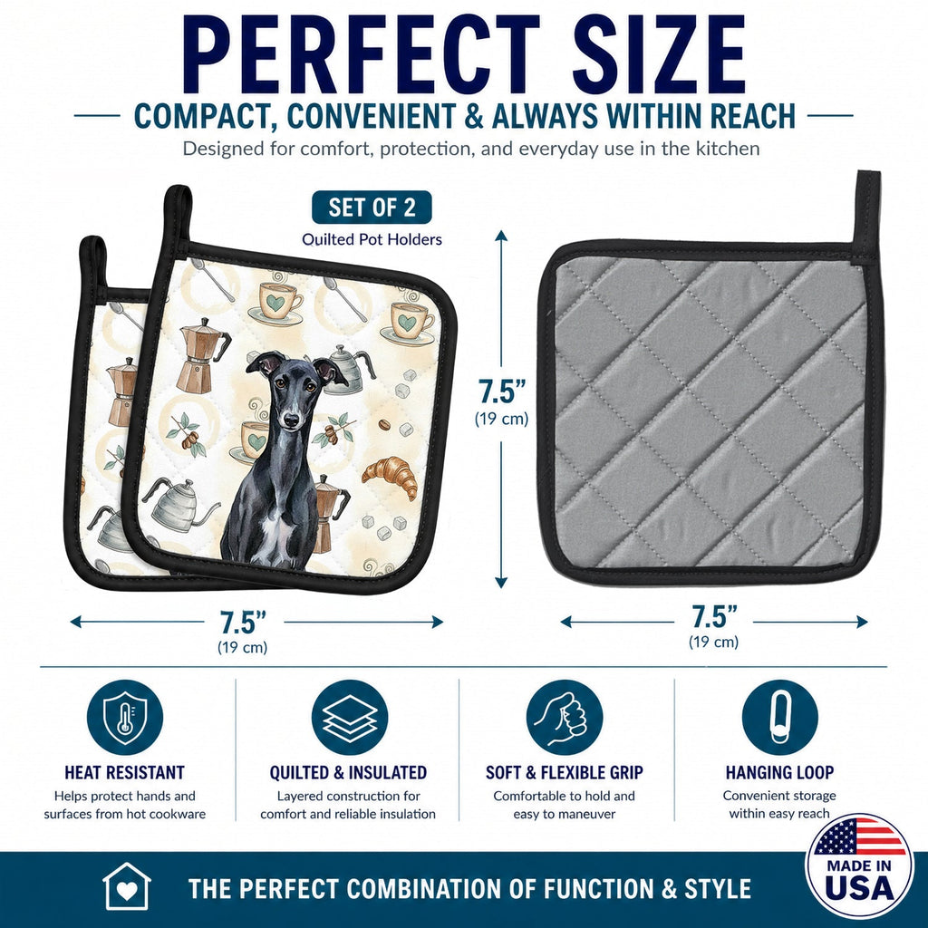 Black Whippet Coffee Bar Pot Holder Set of 2 Heat Resistant Quilted Hot Pads 7.5 x 7.5 Inch, Insulated Kitchen Trivets for Cooking & Baking