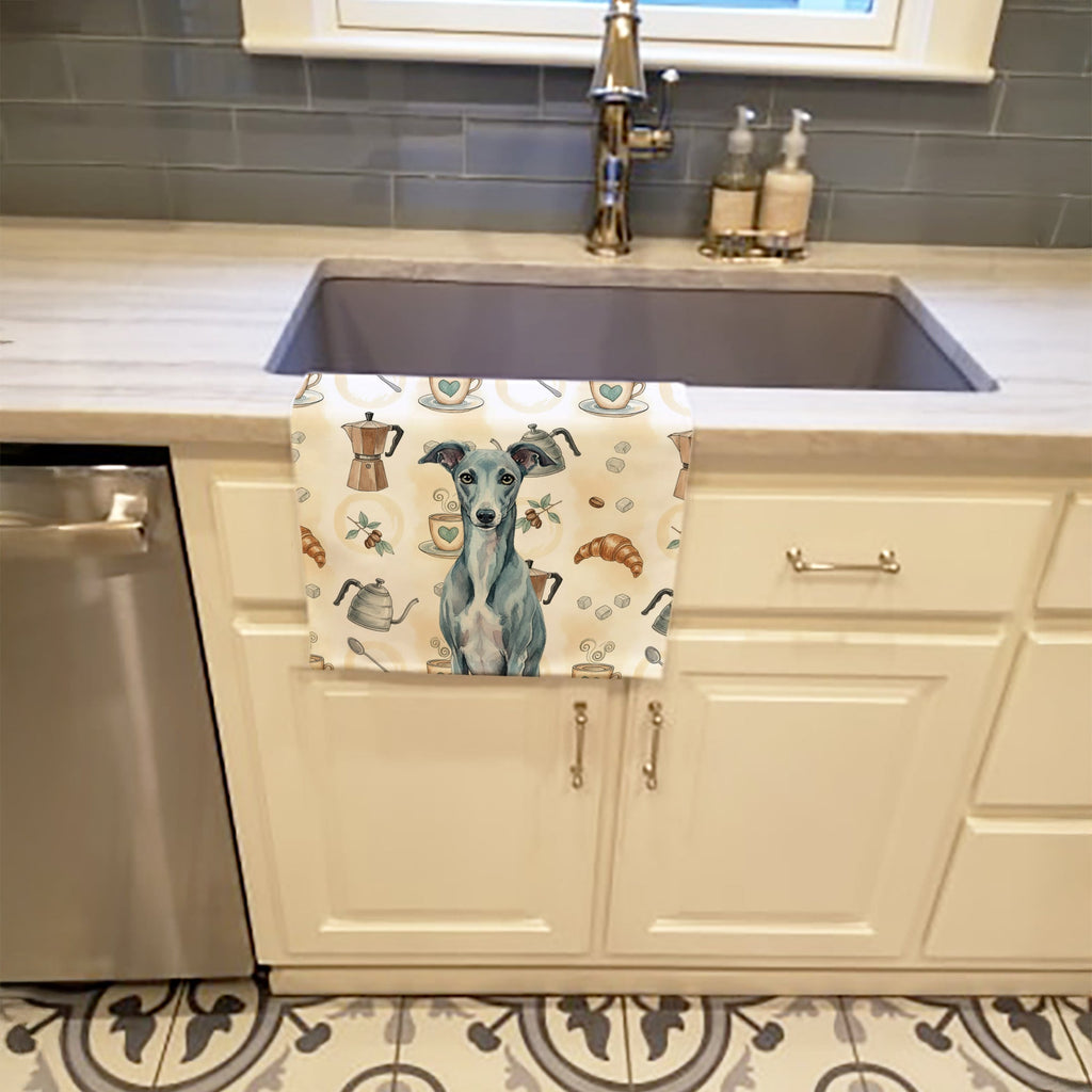 Blue Whippet Coffee Bar Kitchen Towel Velour Plush Front and Cotton Loop Back Machine Washable