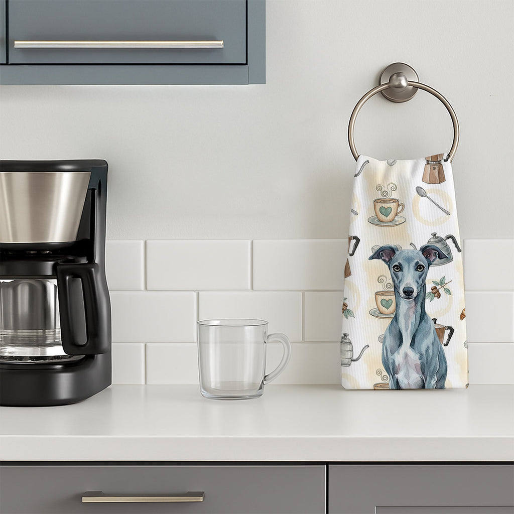 Blue Whippet Coffee Bar Kitchen Towel Velour Plush Front and Cotton Loop Back Machine Washable