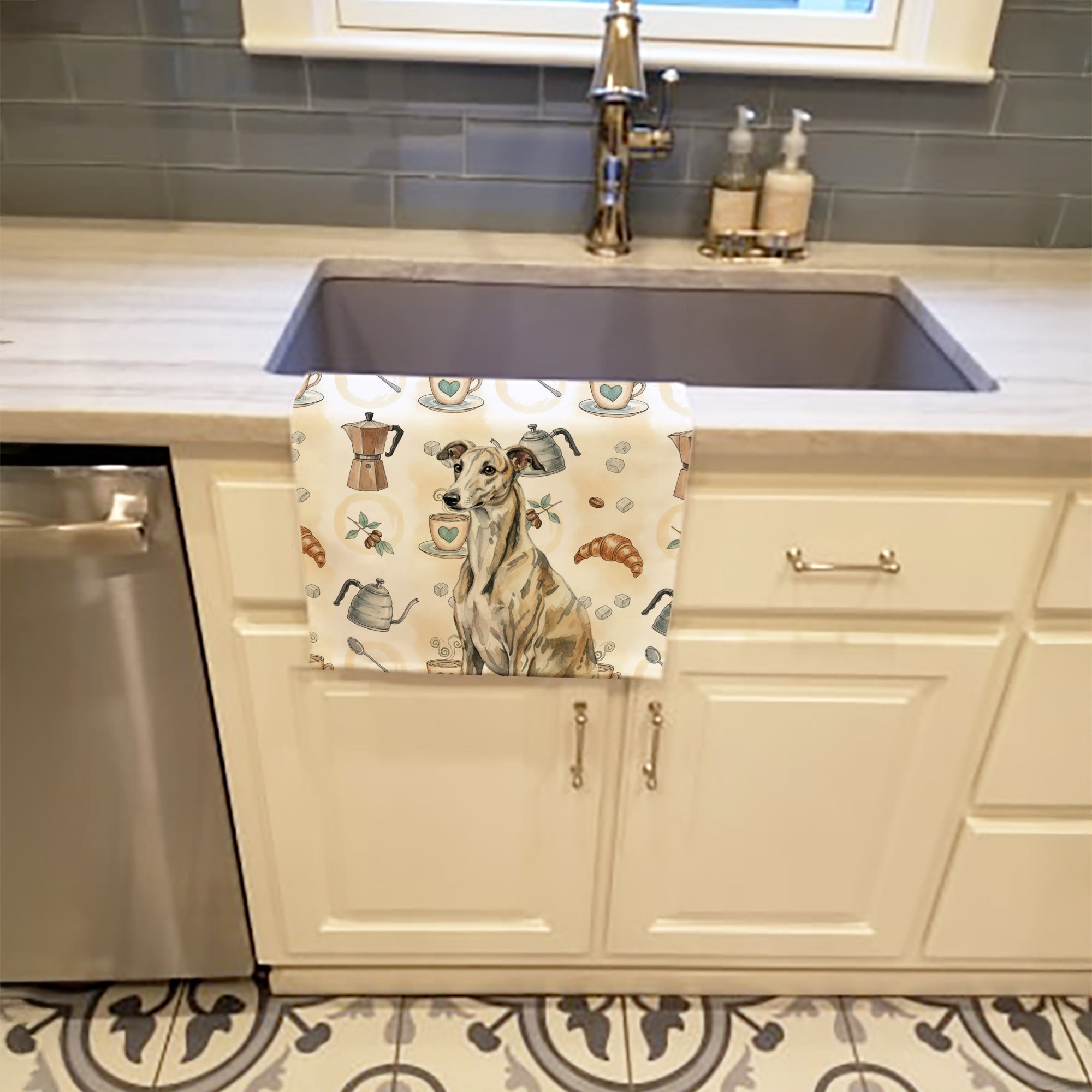 Brindle Whippet Coffee Bar Kitchen Towel Velour Plush Front and Cotton Loop Back Machine Washable