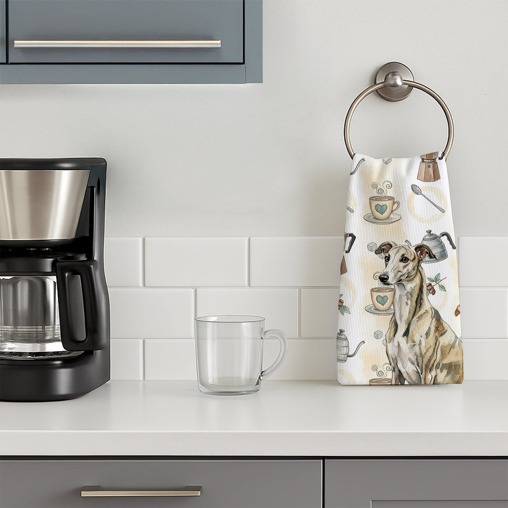 Brindle Whippet Coffee Bar Kitchen Towel Velour Plush Front and Cotton Loop Back Machine Washable