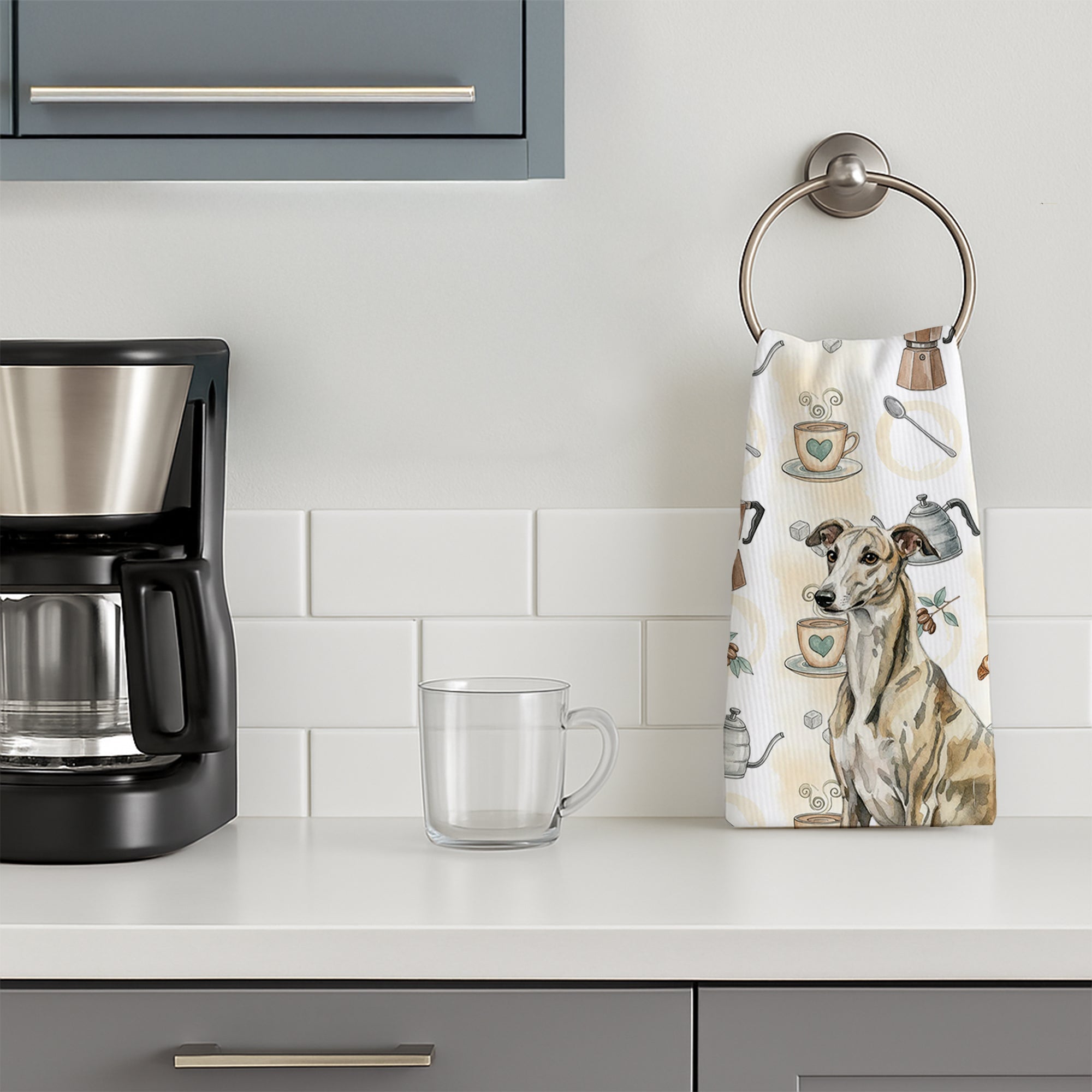 Brindle Whippet Coffee Bar Kitchen Towel Velour Plush Front and Cotton Loop Back Machine Washable