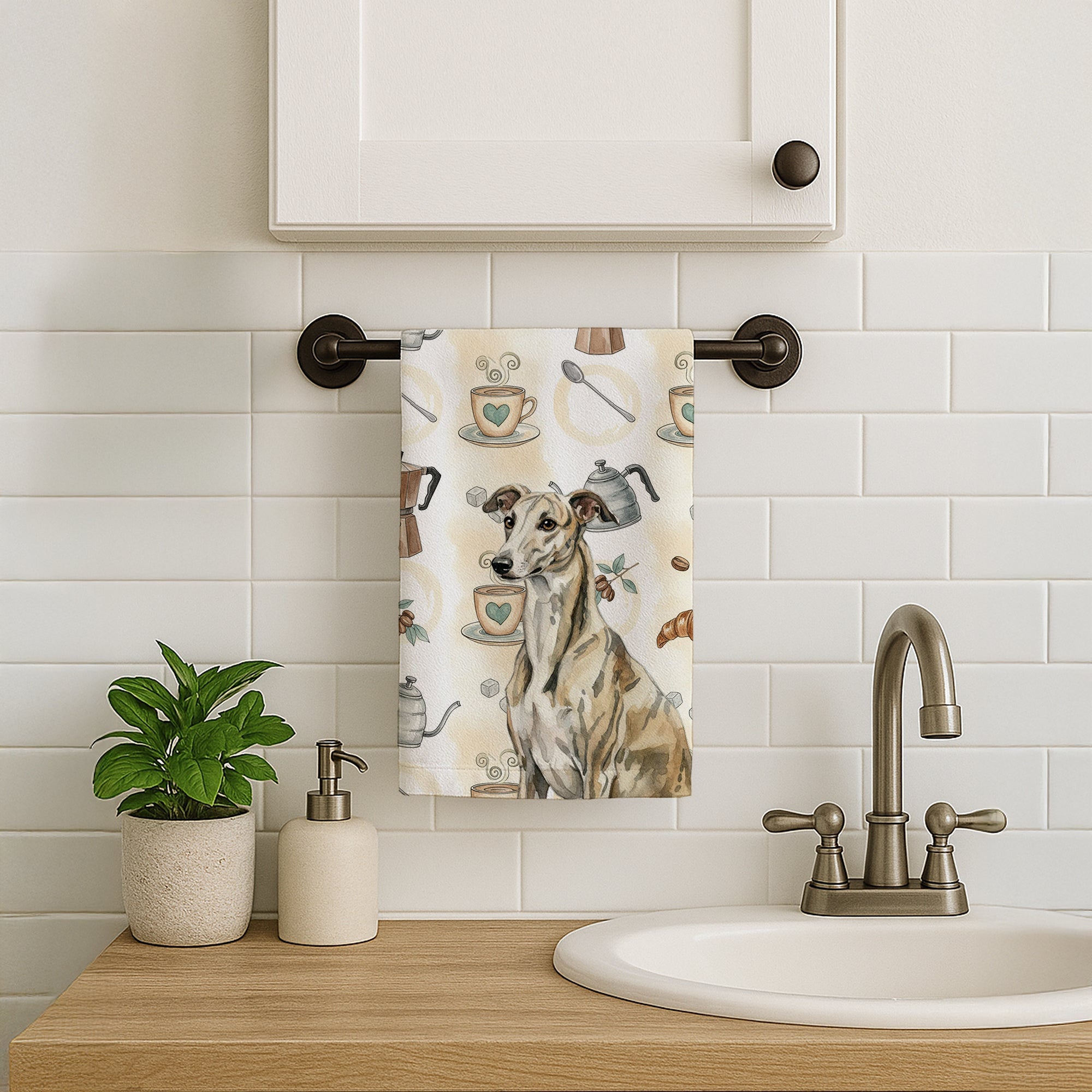Brindle Whippet Coffee Bar Kitchen Towel Velour Plush Front and Cotton Loop Back Machine Washable